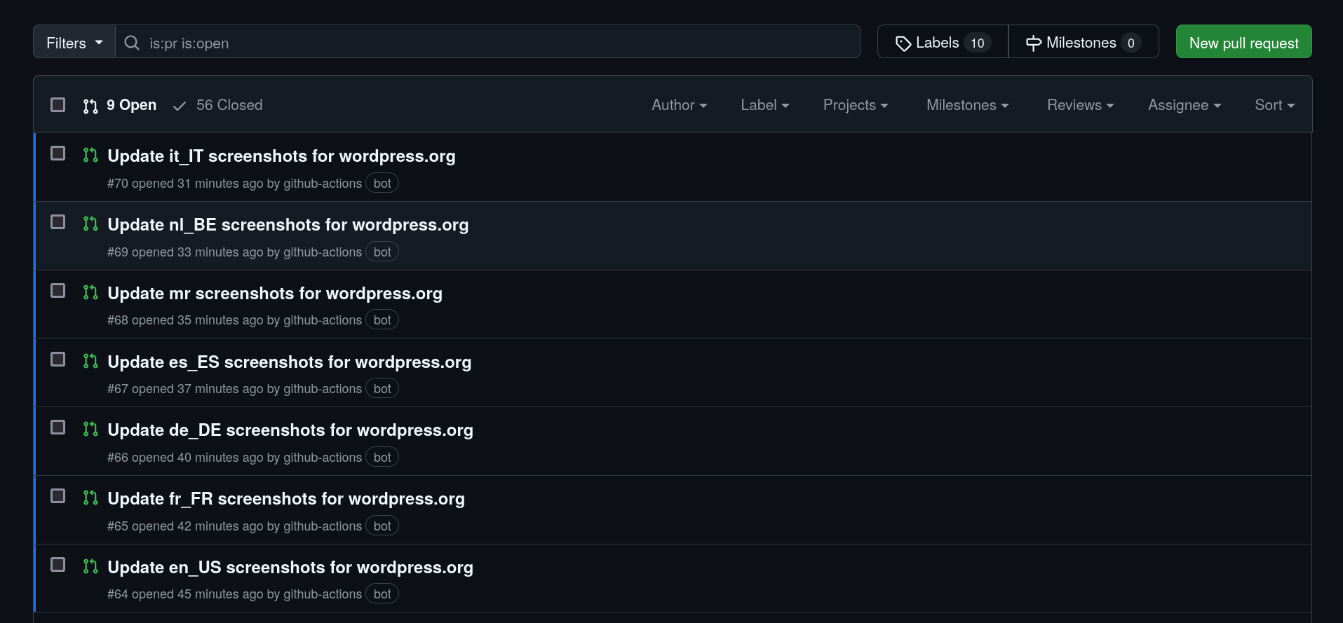 The created PRs per language on github.com