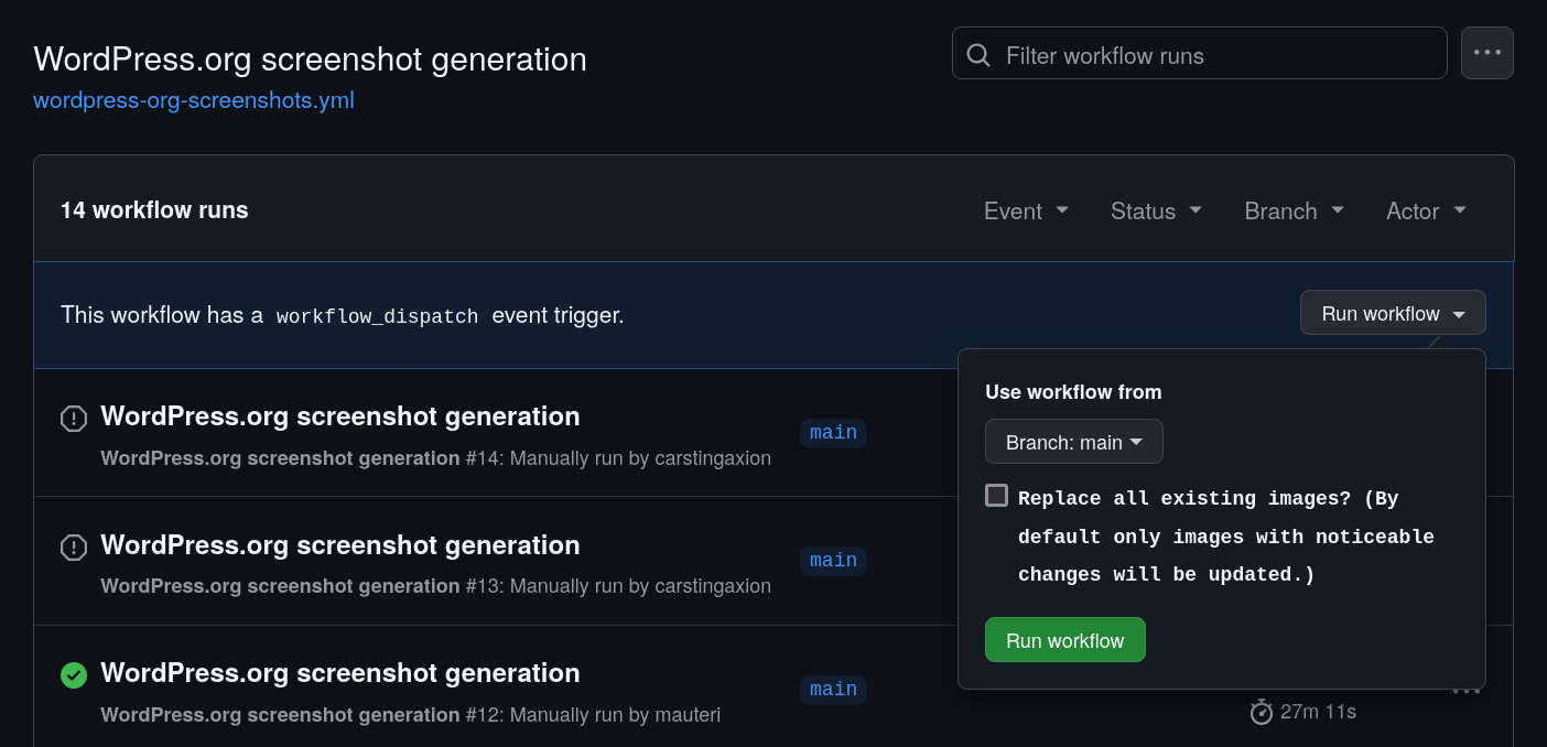 The workflow trigger button, to start the screenshot generator workflows.