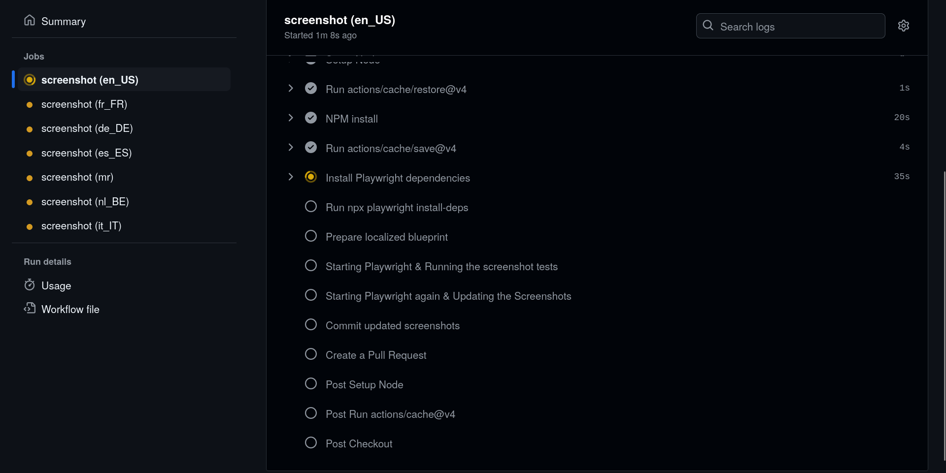 The screenshot generator workflows running on github.com