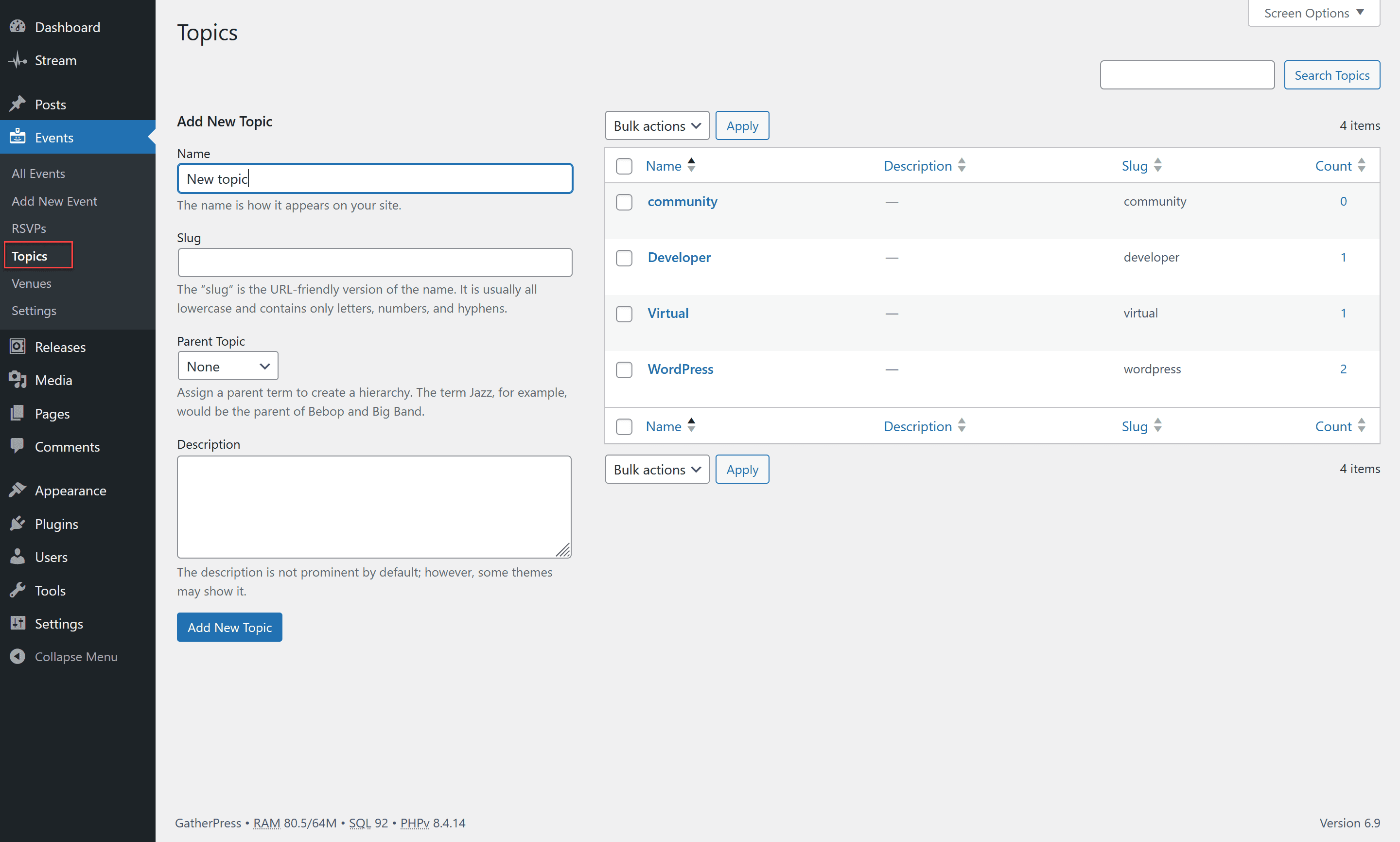 Screenshot of the Topics admin page