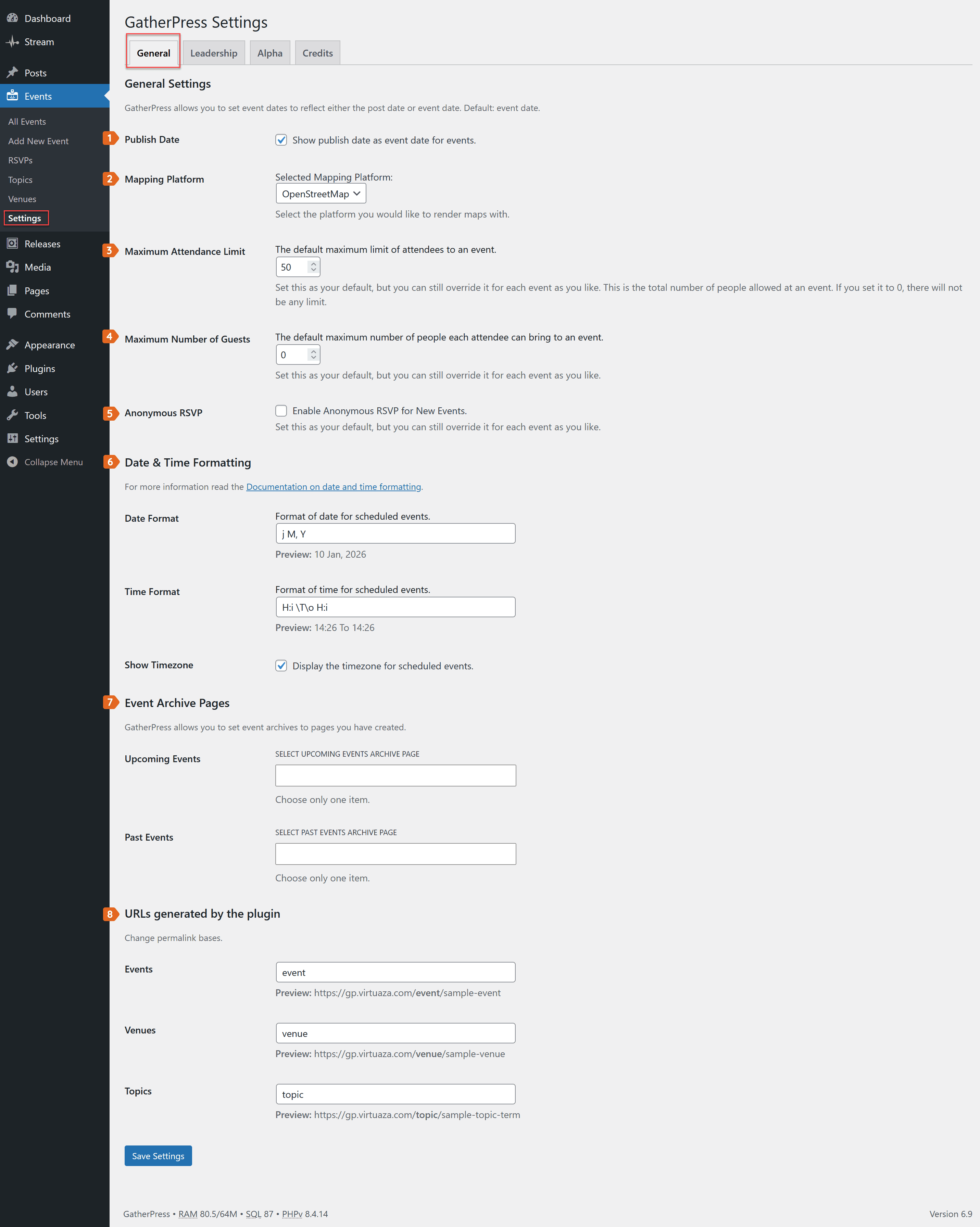 Screenshot of the GatherPress settings admin page