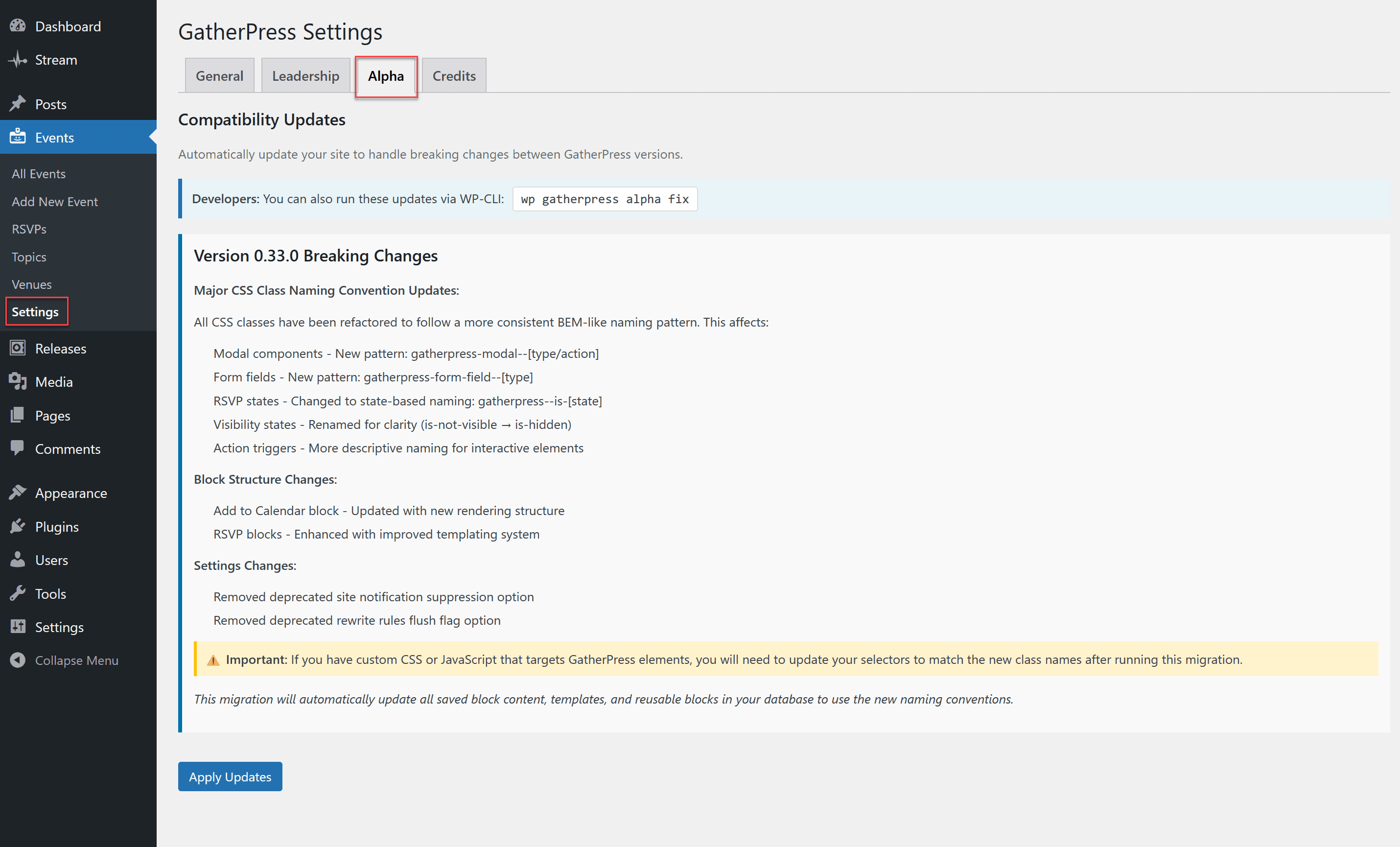 Screenshot of the GatherPress settings admin page for Alpha