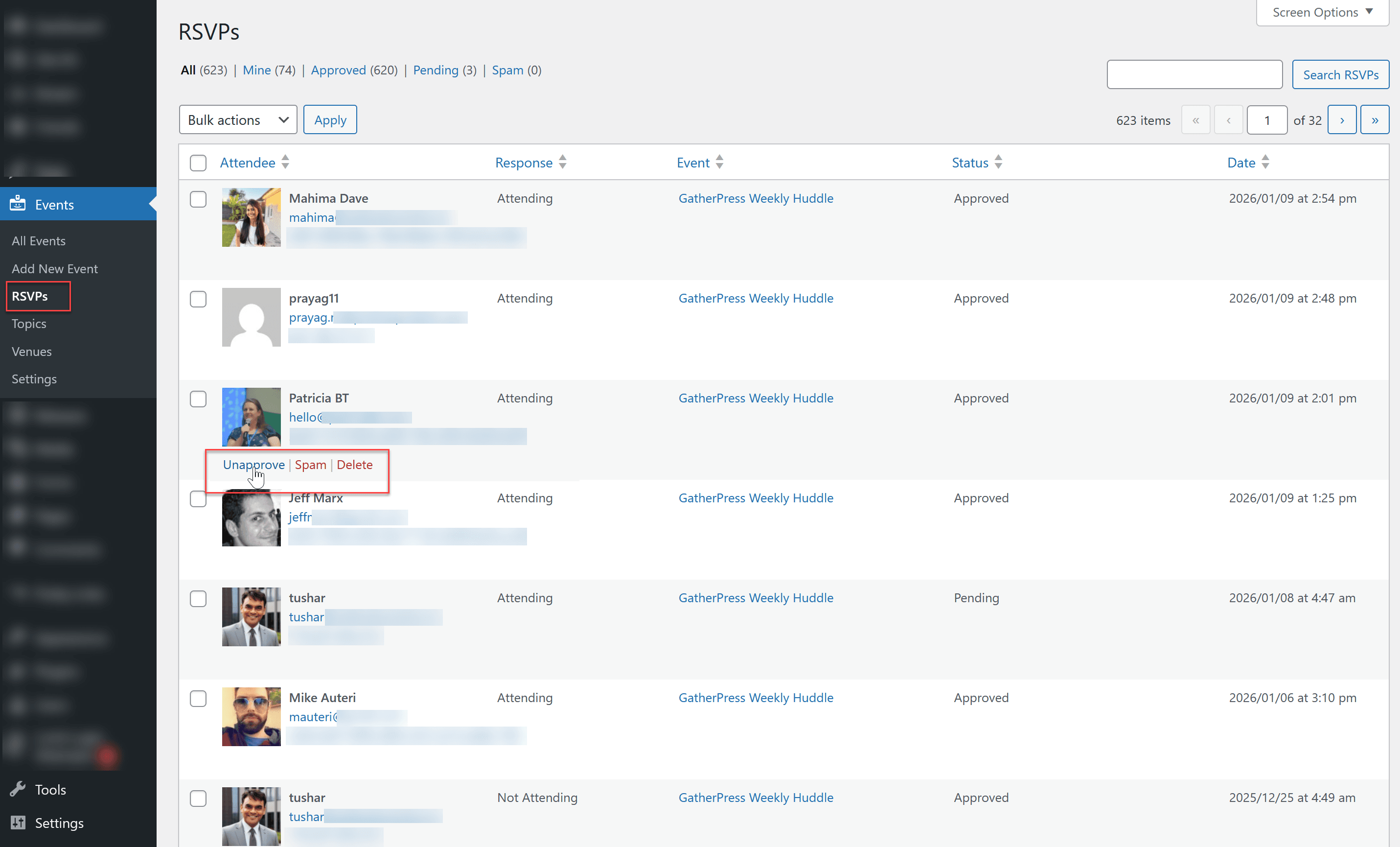 Screenshot of the RSVPs admin page