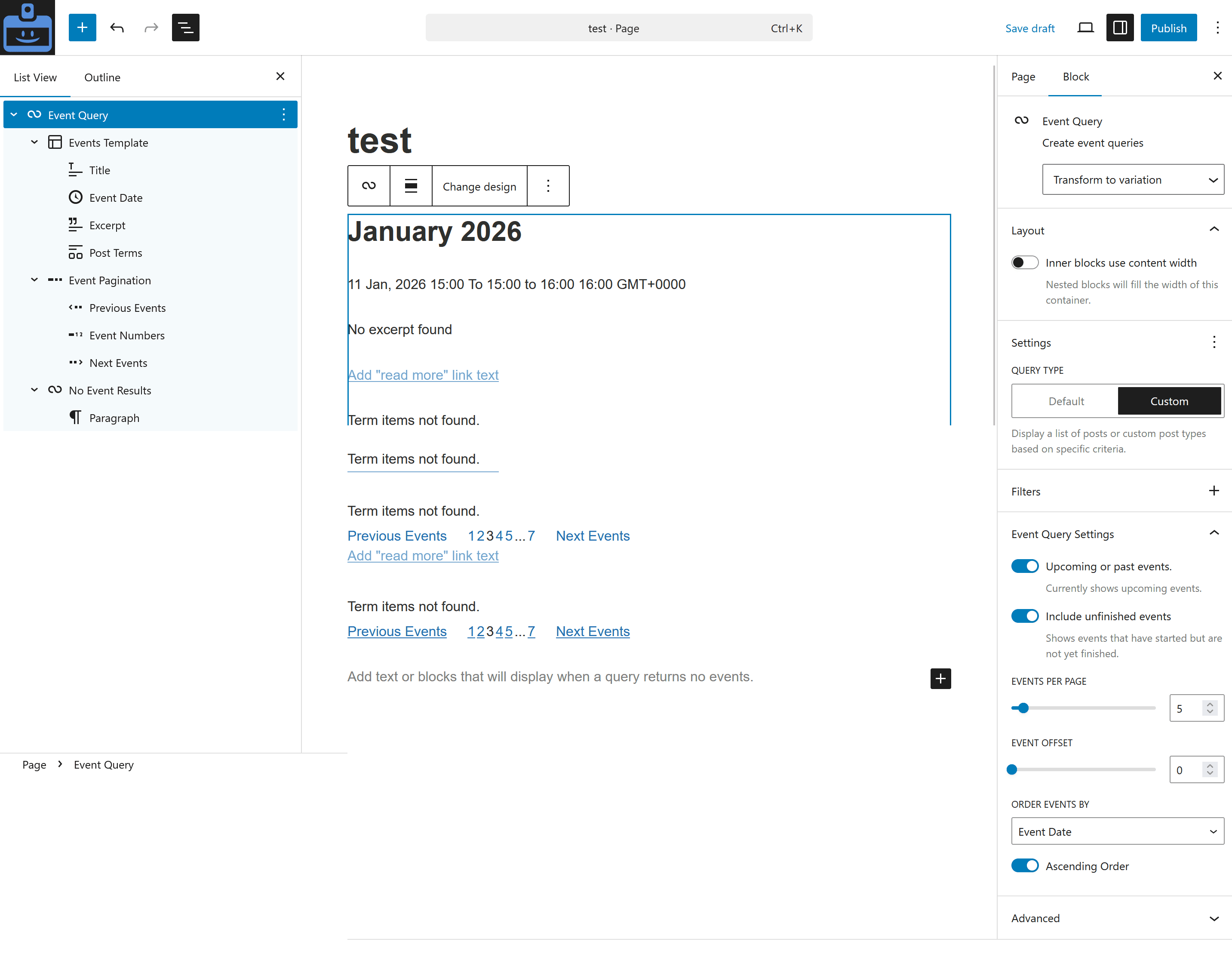 Screenshot of the Event Query block inside the WordPress post editor.