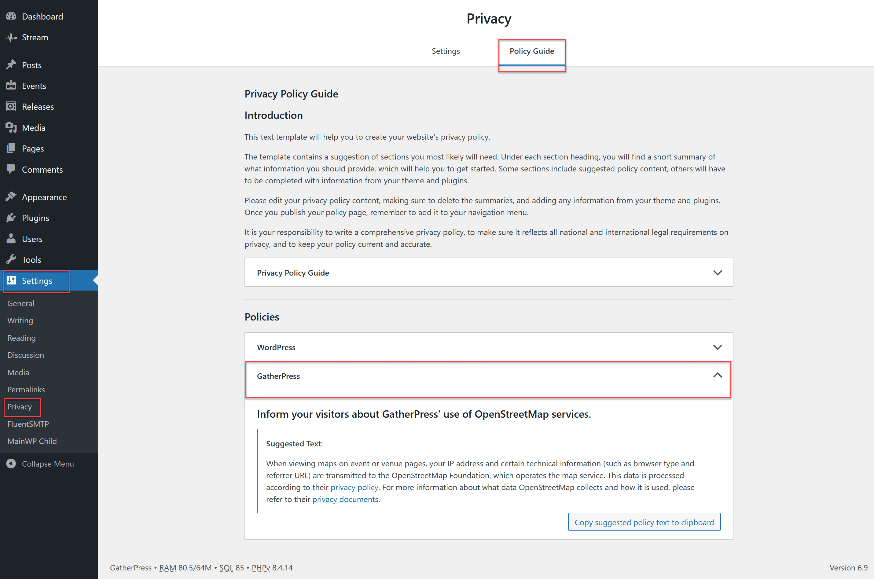 Screenshot of Settings > Privacy > Policy Guide where you find a new 'GatherPress' dropdown in the 'Policies' list