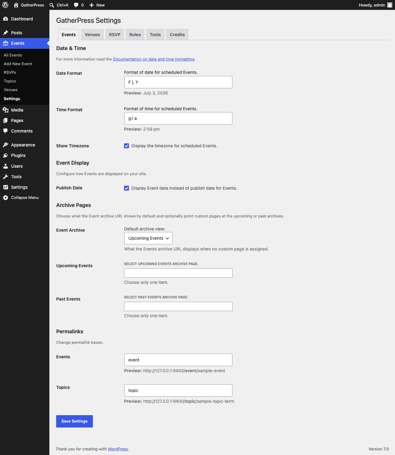 The Events tab of the GatherPress settings screen.