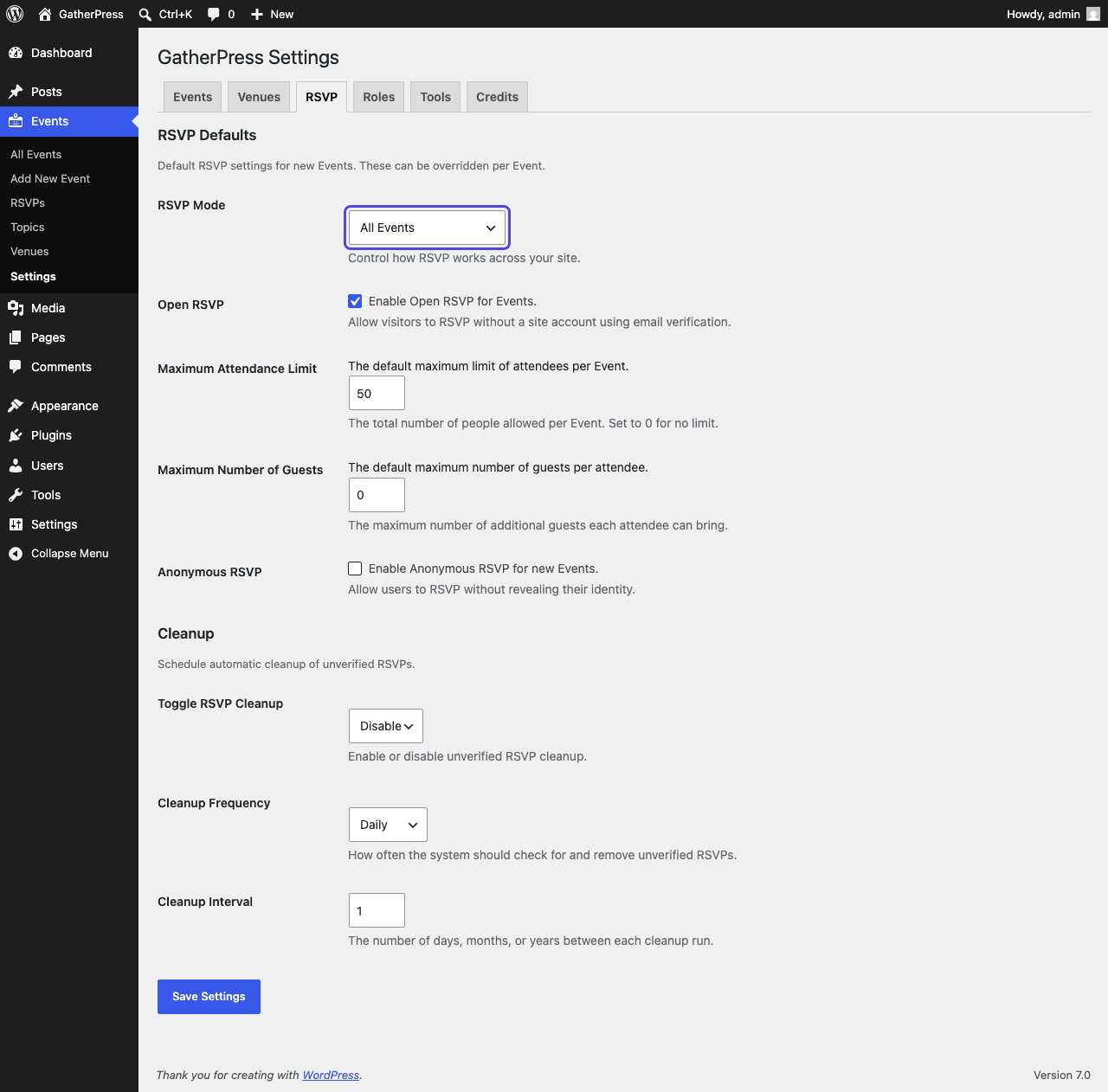 The RSVP tab of the GatherPress settings screen, with the RSVP Mode field highlighted.