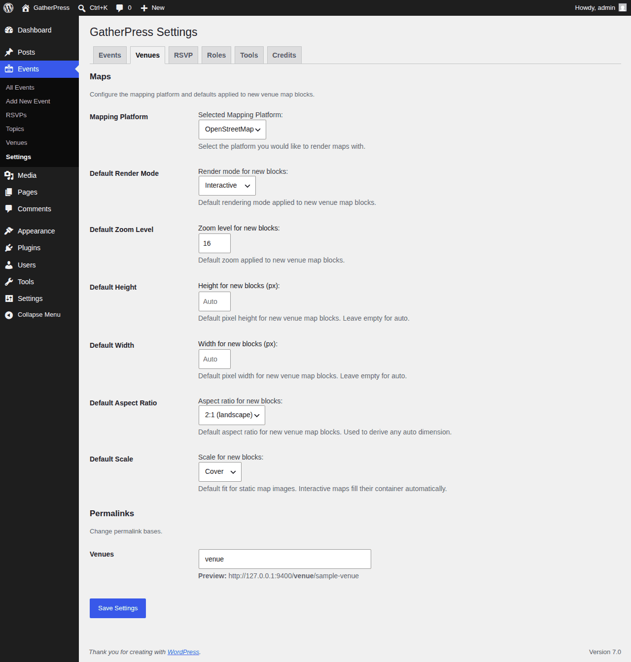 The Venues tab of the GatherPress settings screen.