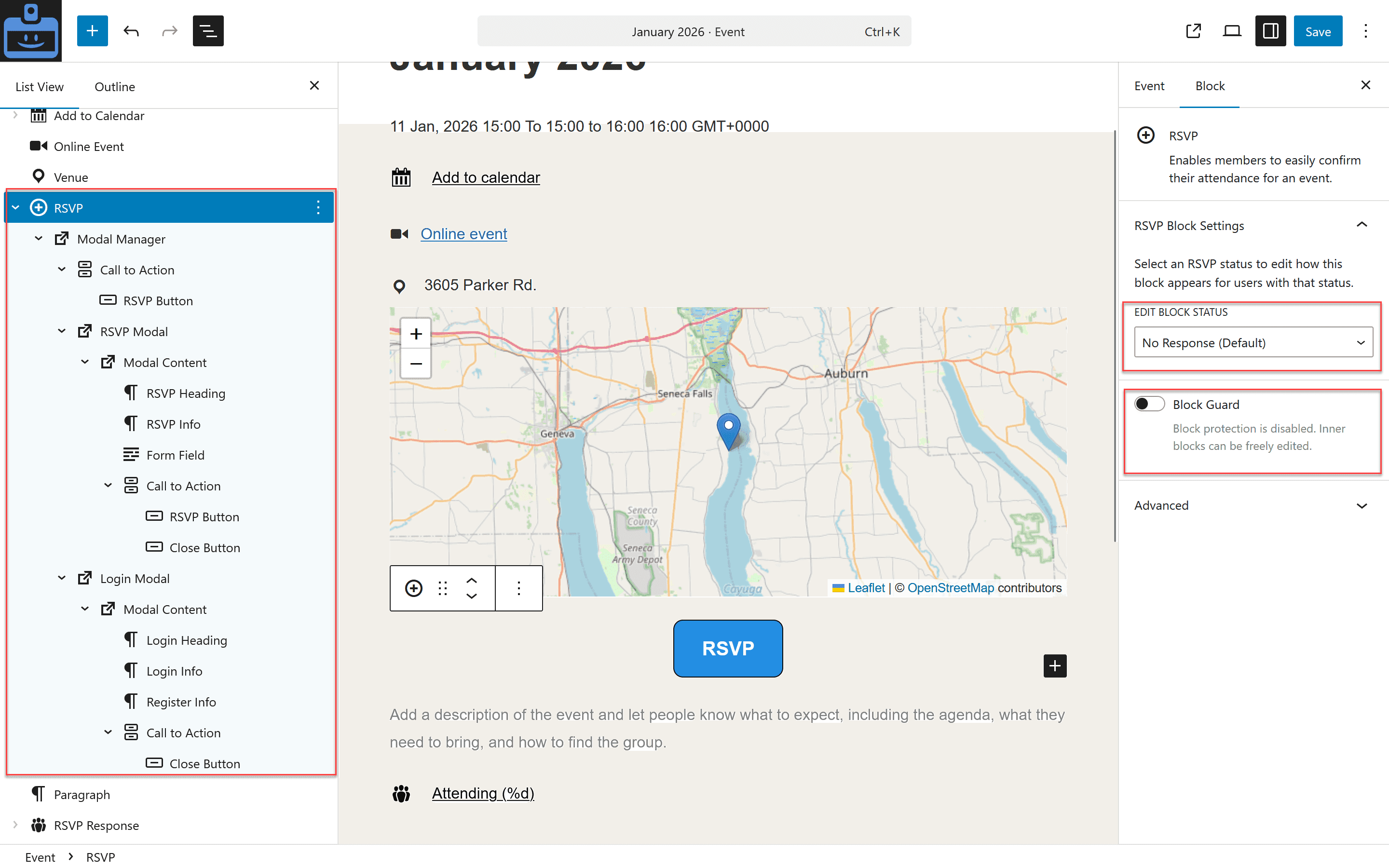 Screenshot of the RSVPs admin page
