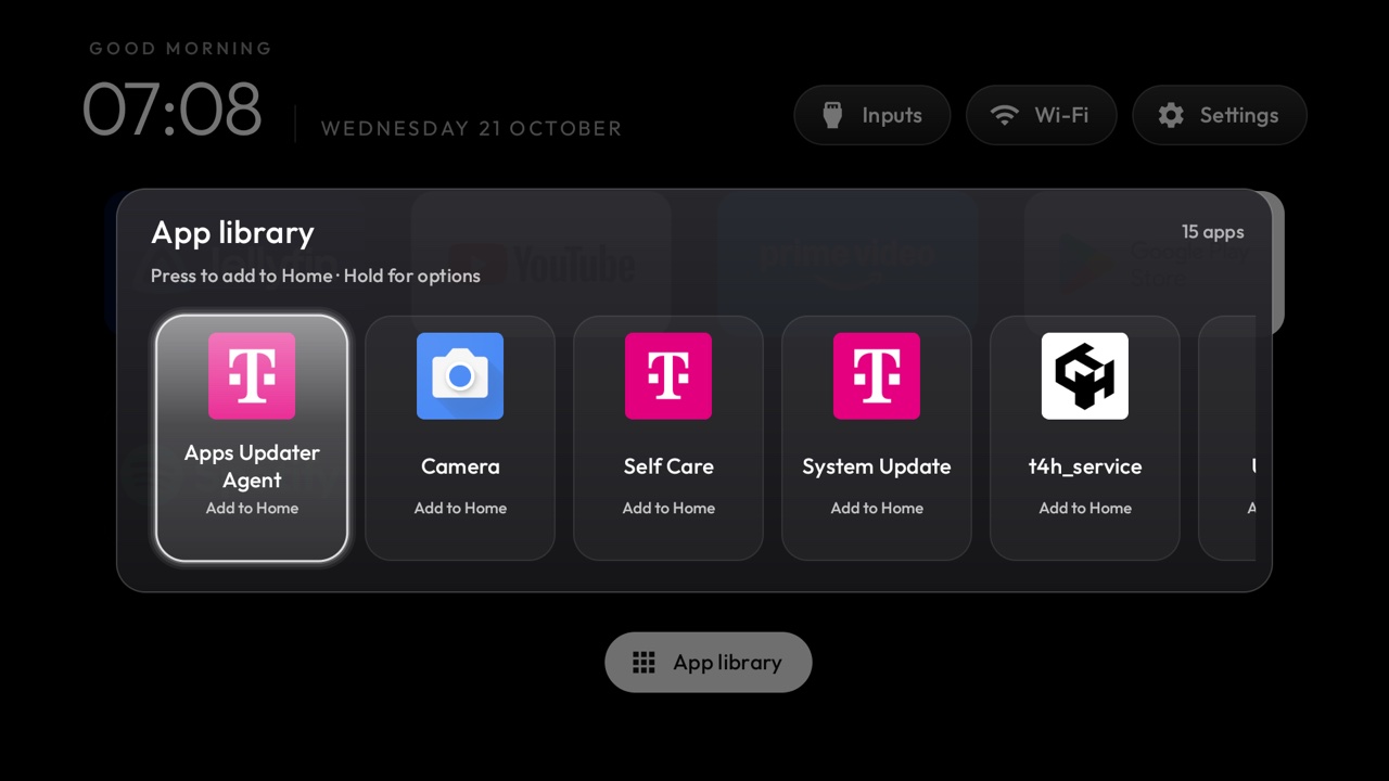 The App library: installed apps, one press adds an app back to Home