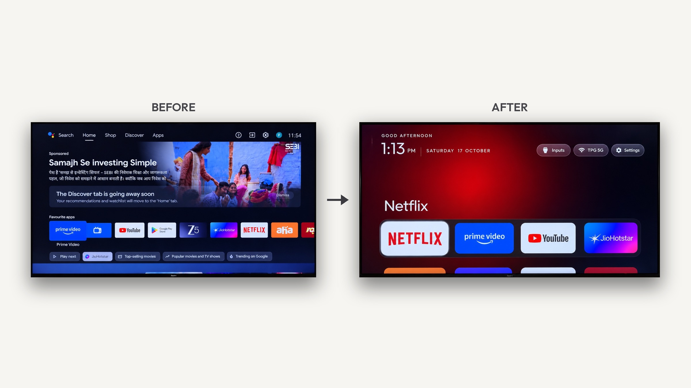 Before: stock Google TV home with a sponsored ad. After: the cleanyourtv launcher