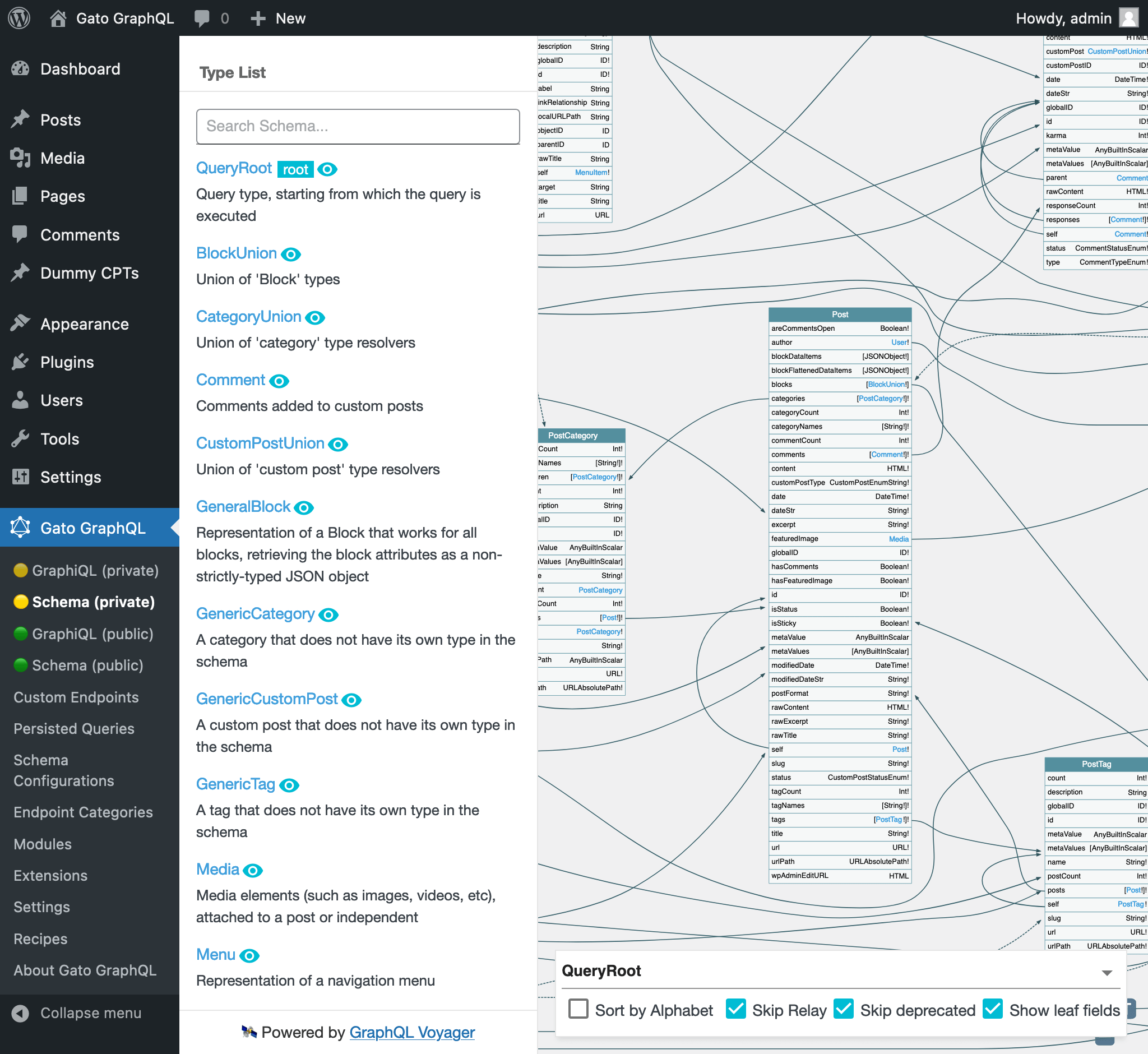 Interactively browse the GraphQL schema, exploring all connections among entities