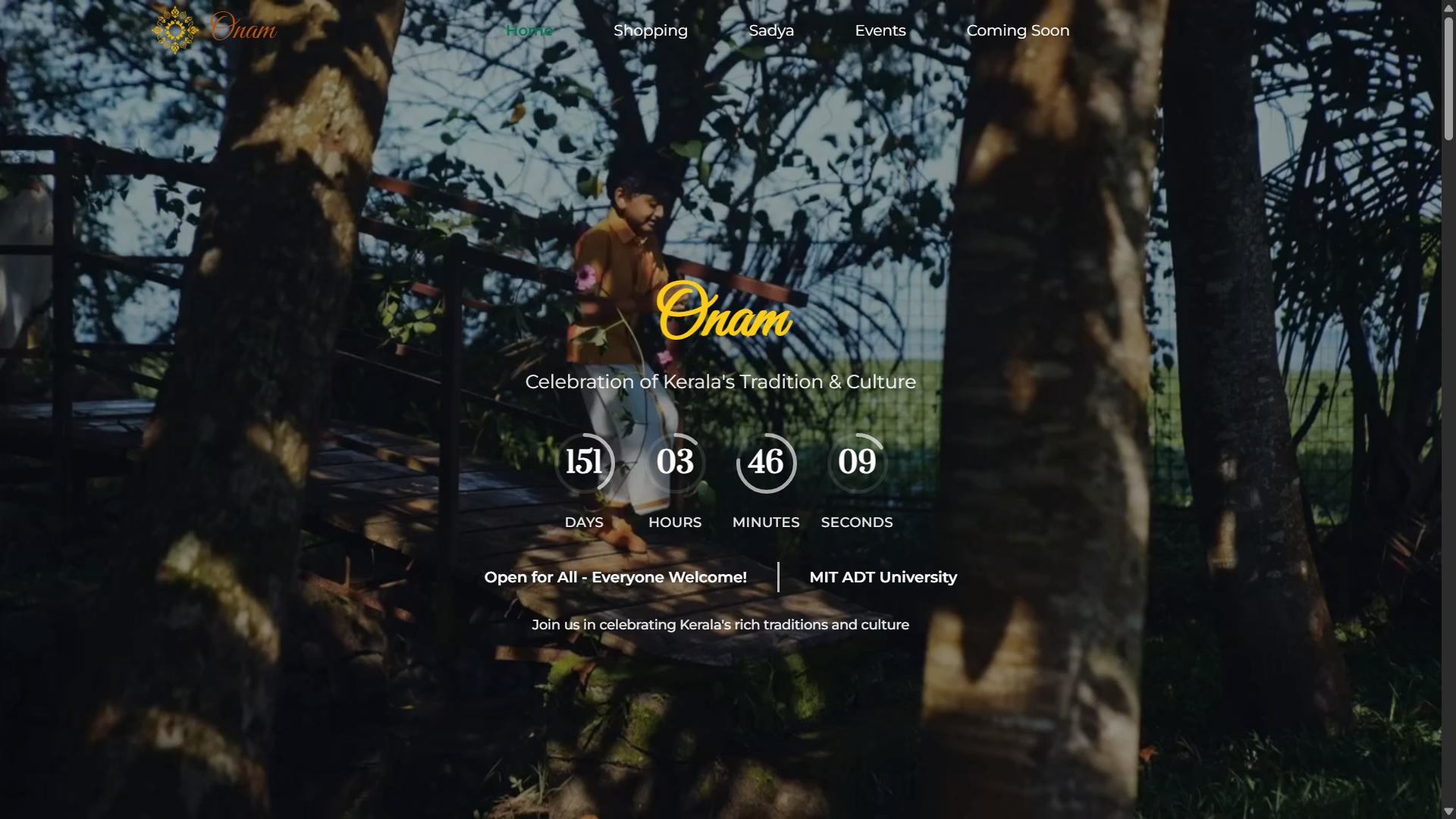 Onam website home screen