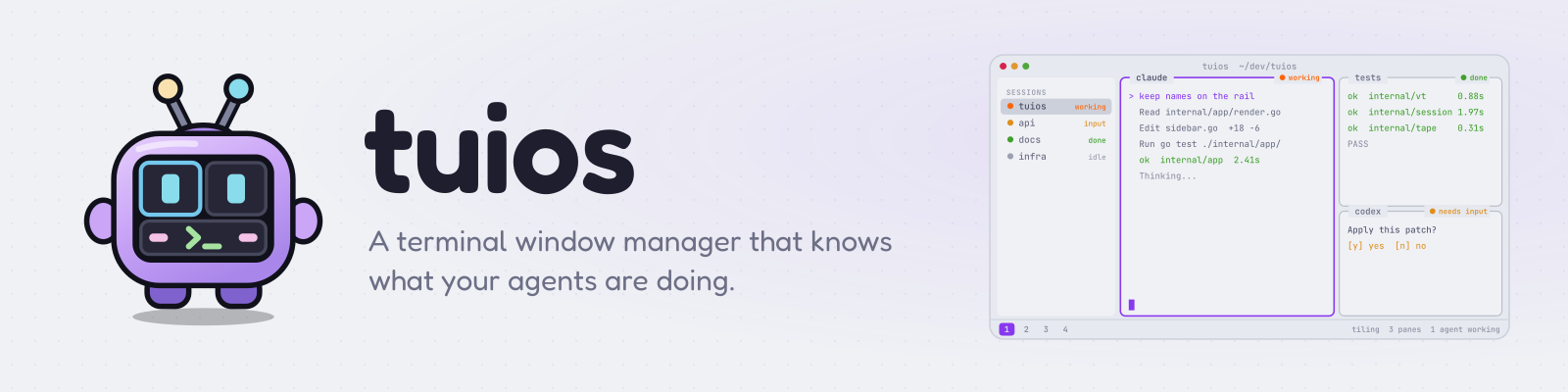 tuios: a terminal window manager that knows what your agents are doing. Tilly, a small purple CRT whose screen is a tiled layout, stands beside the tuios wordmark and a tiled terminal session.