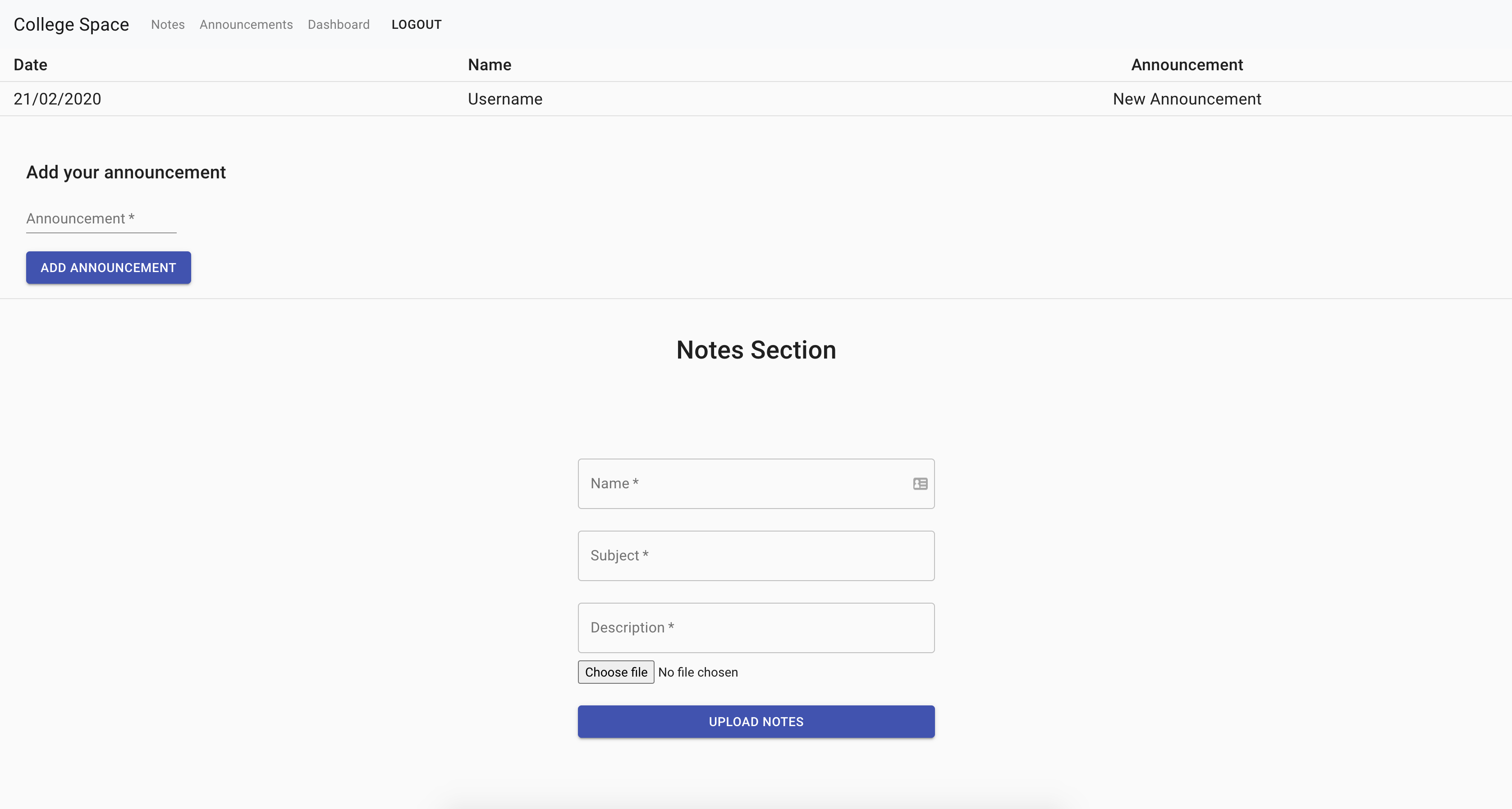 Screenshot of the College Space logged-in dashboard