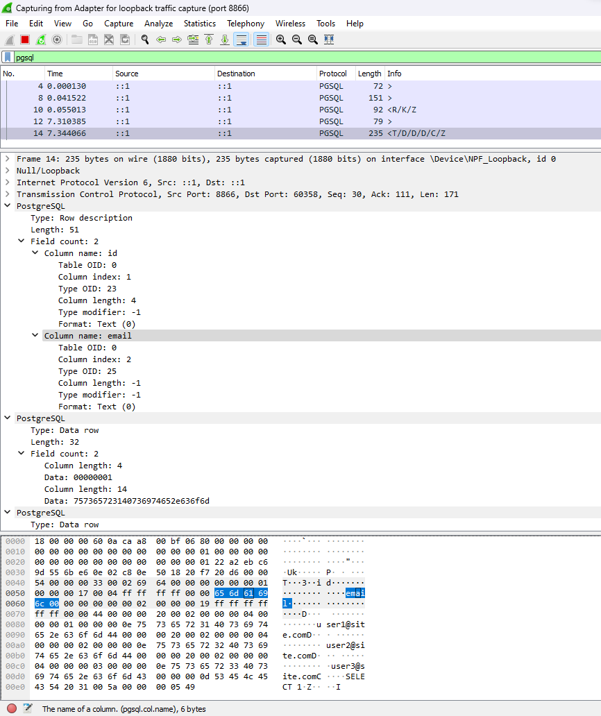 Wireshark output of above