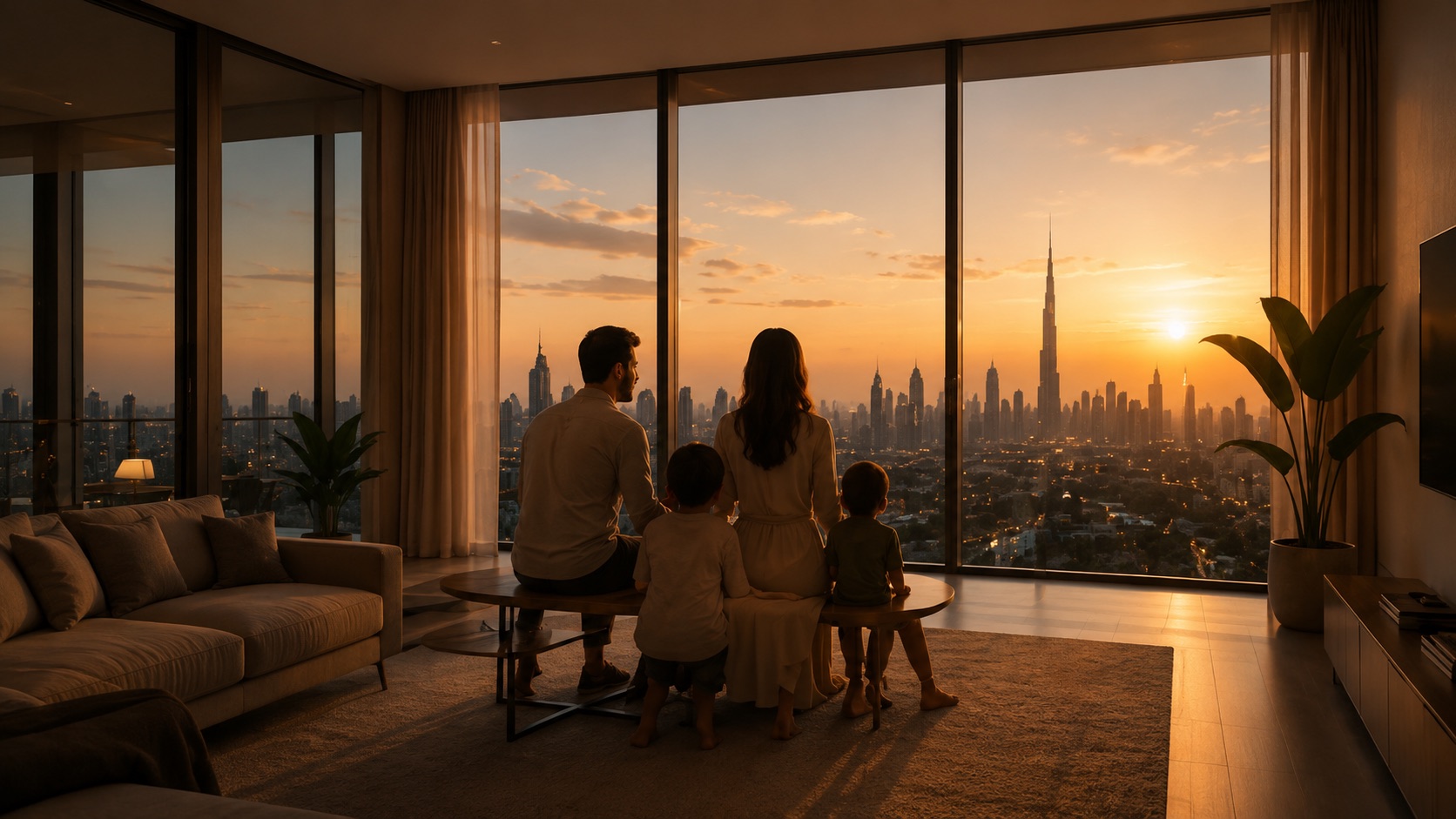 Family looking out at a city skyline from their home at sunset