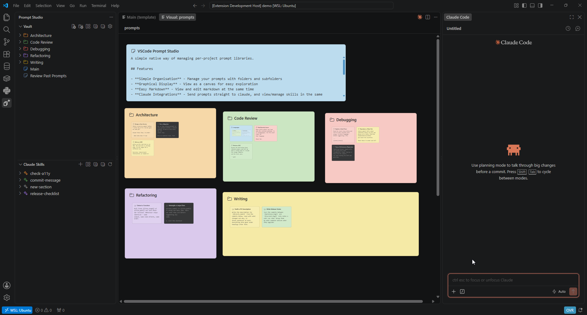 A folder of prompts open as a canvas of colored cards, with Claude Code alongside