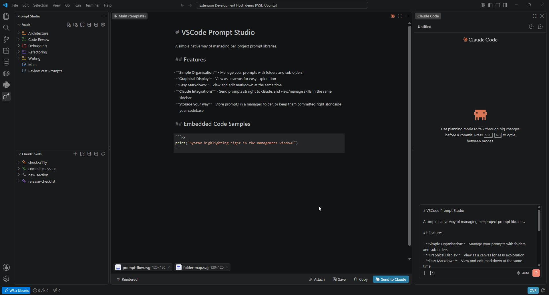The vault tree and Claude Skills in the sidebar, with a prompt open in the template editor