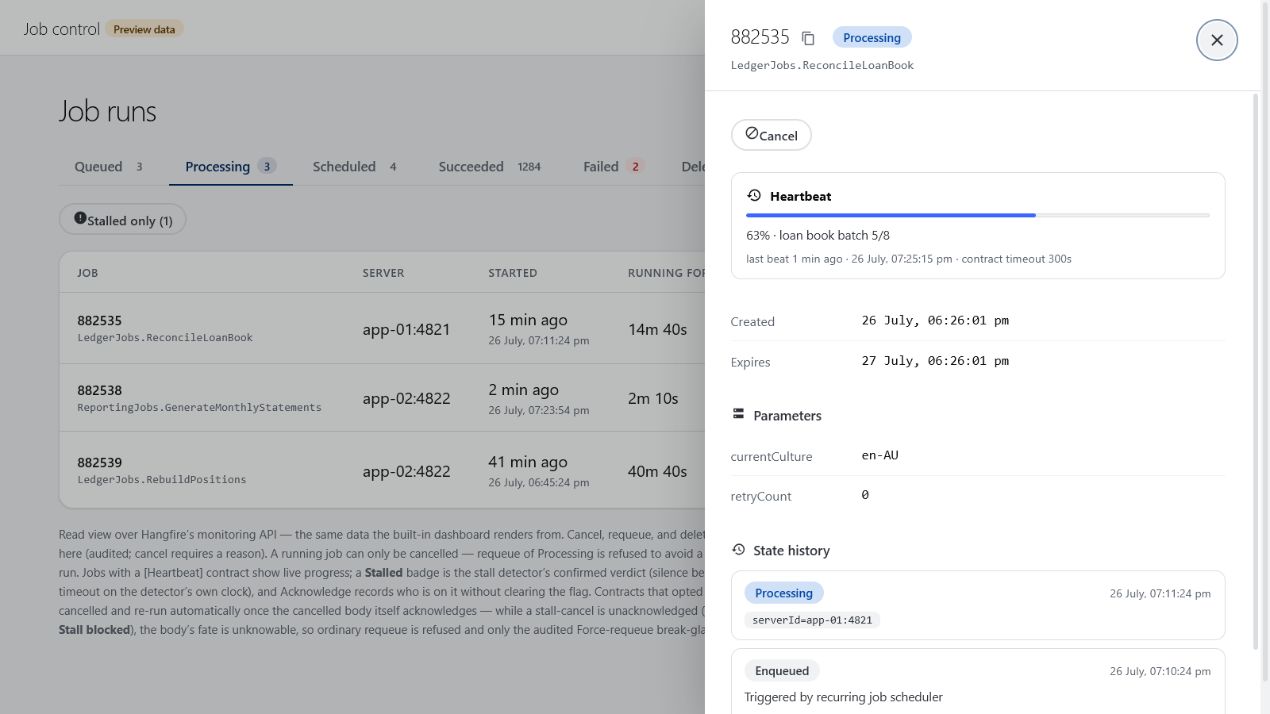 Long-running job reporting heartbeat progress in the Processing view