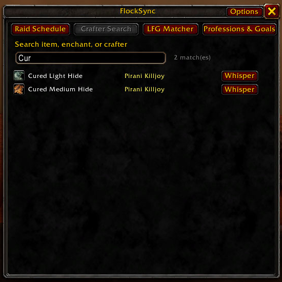 In-game crafter search showing recipe results and Whisper buttons