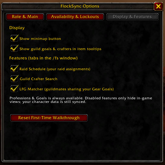 In-game display options for minimap, tooltips, feature tabs, and walkthrough reset