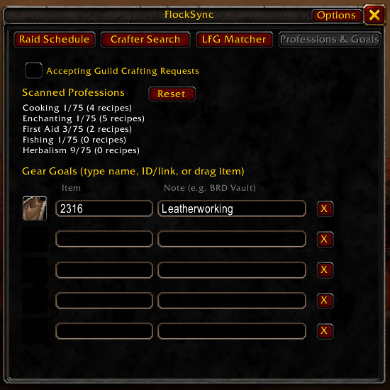 In-game scanned professions and an item goal with a custom note