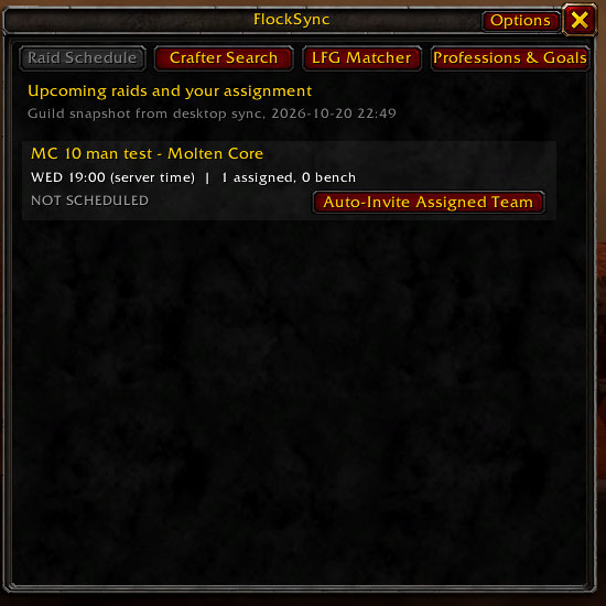 In-game test raid snapshot showing Not Scheduled and the officer auto-invite control