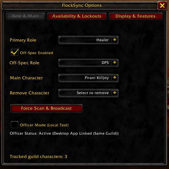 In-game role and main-character settings with same-guild desktop-linked collector status
