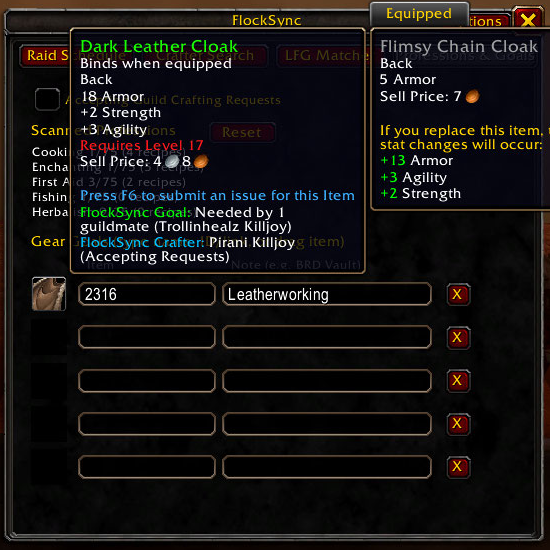 In-game item tooltip with FlockSync guild goal and crafter annotations