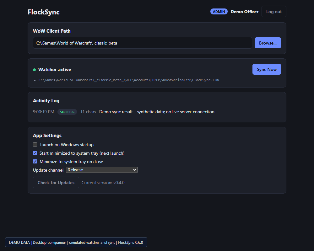 Windows companion showing simulated sync and startup settings