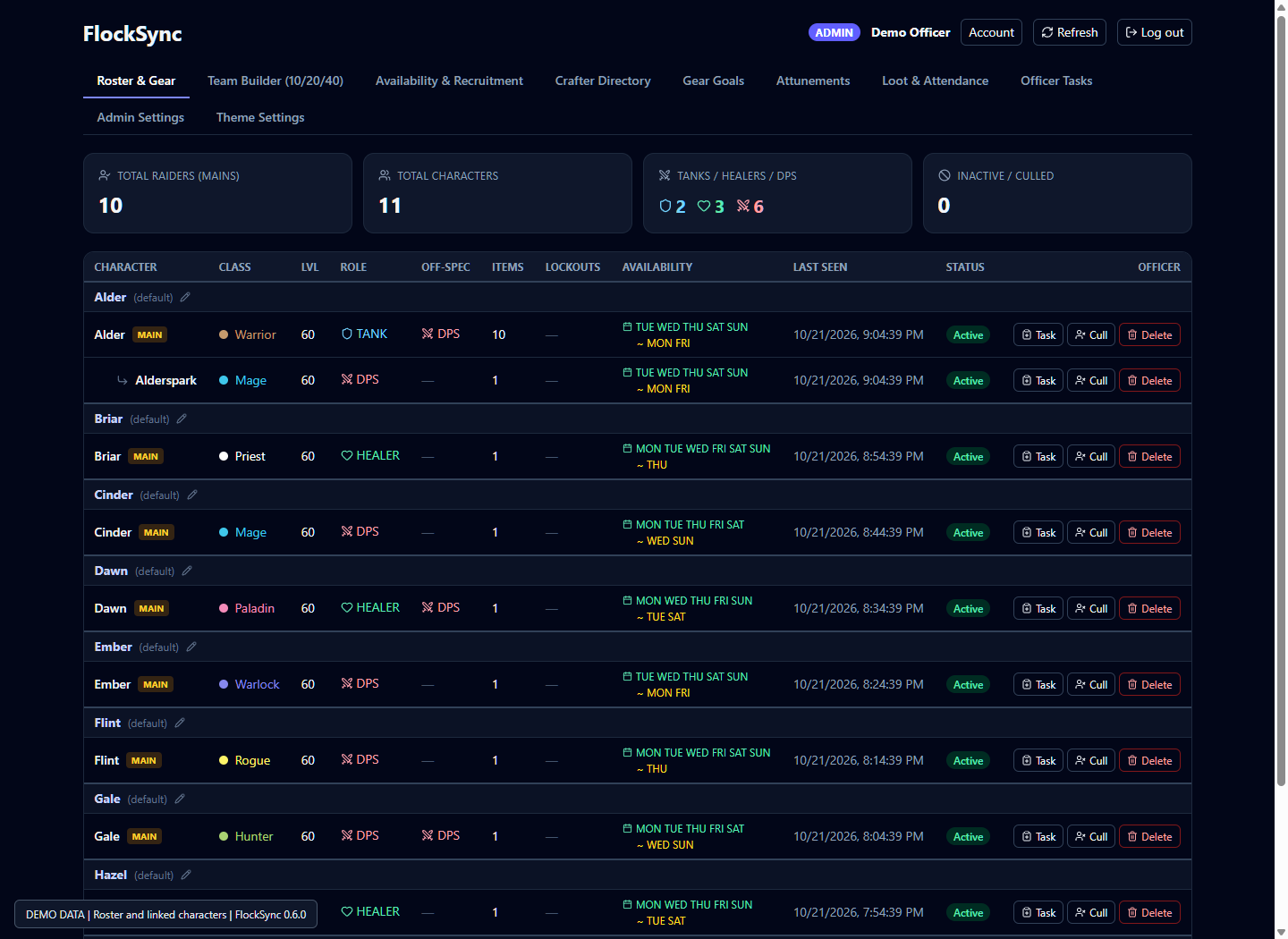Web dashboard roster with demo mains and alts