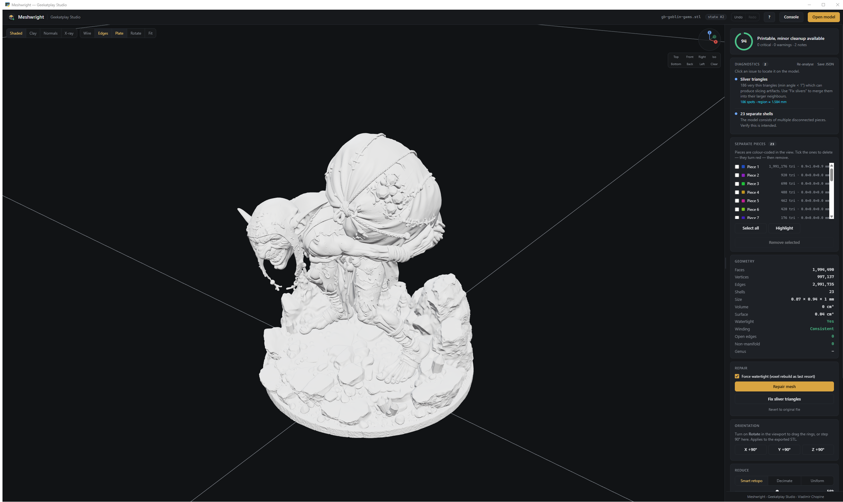 Meshwright analysing a 2-million-triangle miniature