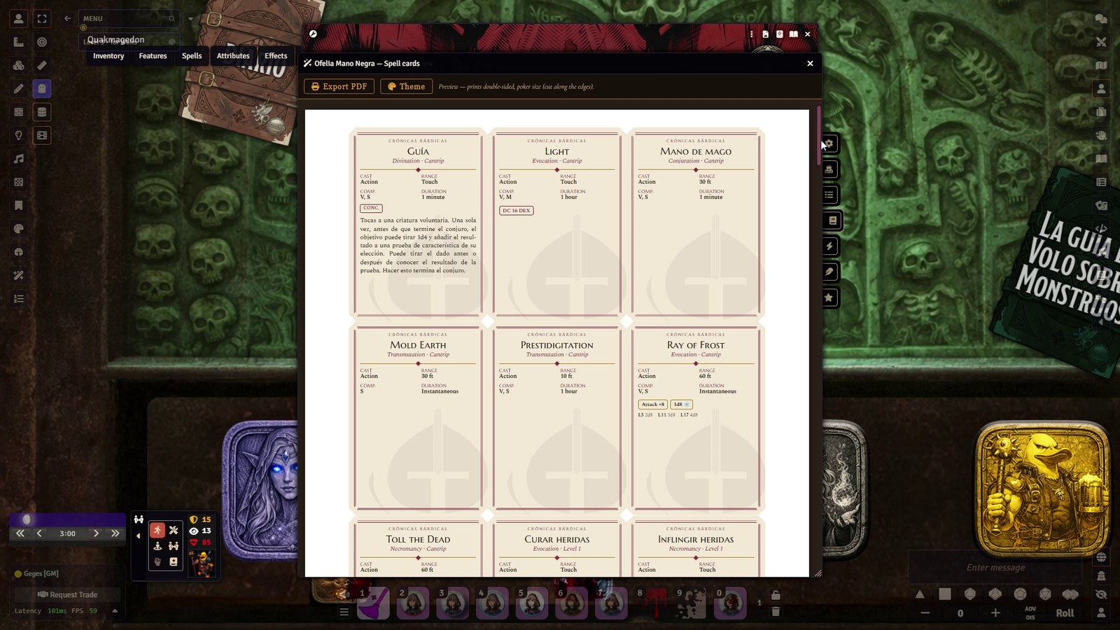 Nine spell cards on one A4 sheet