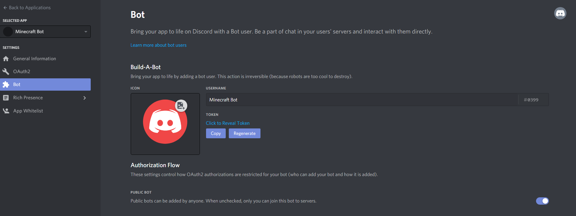 Discord Developer Page: Bot Tab