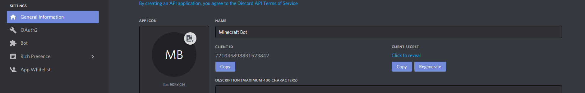 Discord Developer Page: General Information Tab