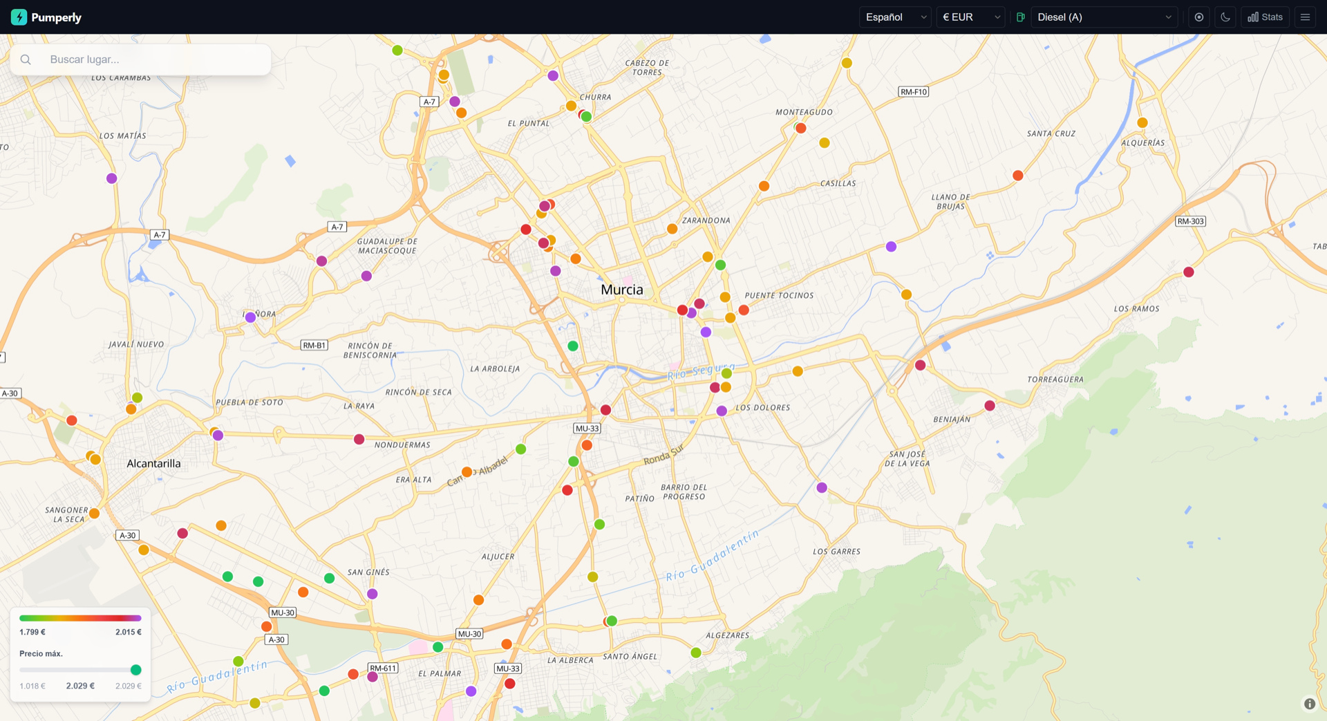 Map view — color-coded fuel stations by price in Murcia