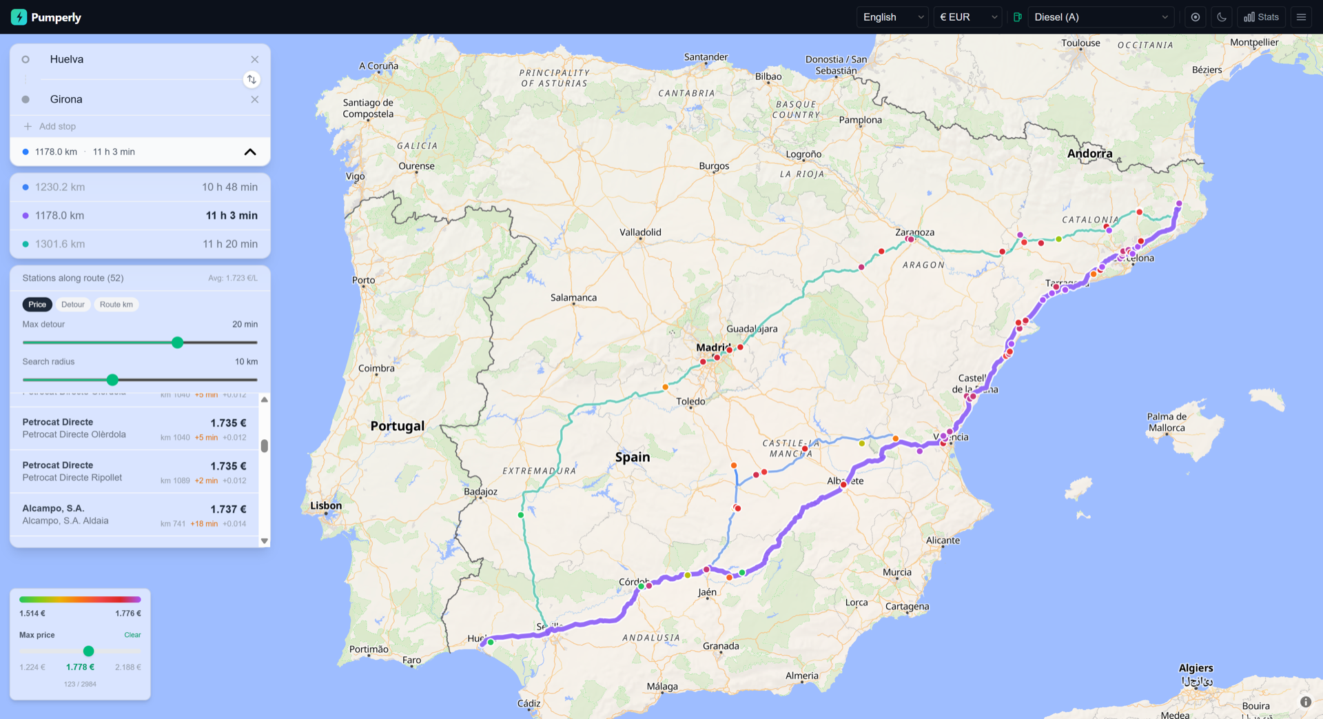 Route planning — Huelva to Girona with fuel stations along the corridor