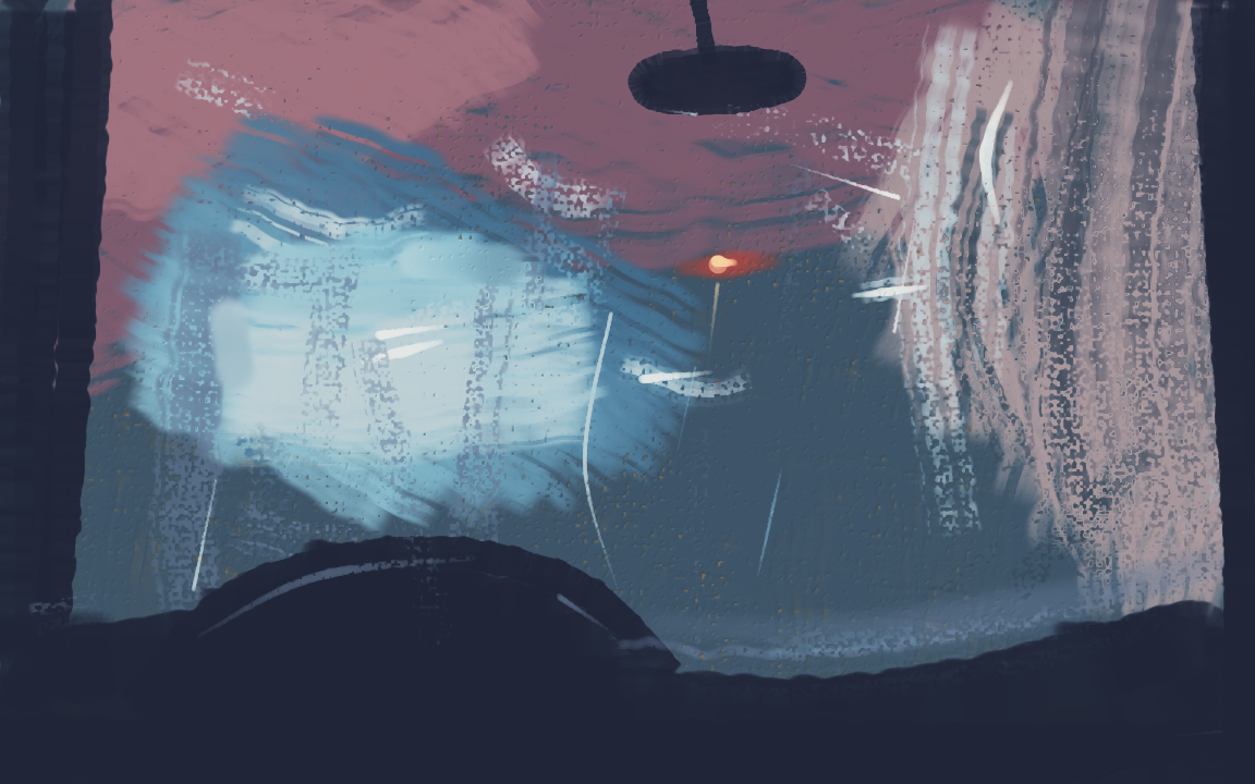 Inside a car wash seen from the driver's seat: a magenta foam arch overhead, a bloom
of white light down the tunnel, a red stop light, and a foam-covered side brush
swinging in from the right, past a steering wheel and rear-view mirror