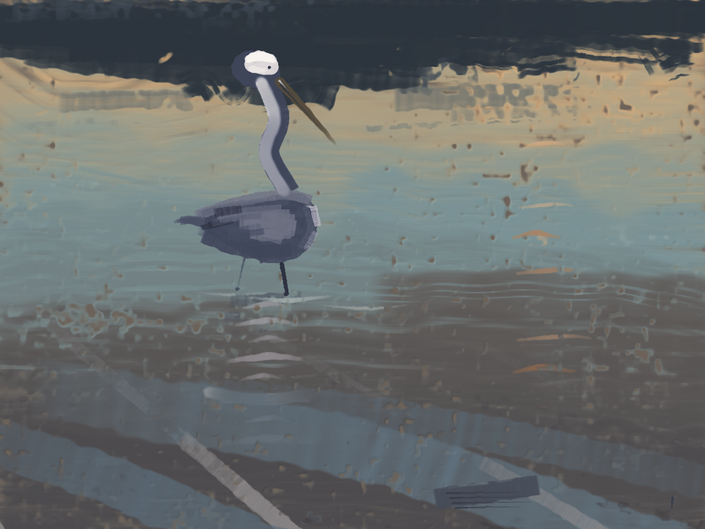 A grey heron seen from high above in a flooded parking lot at dawn, the water filling
nearly the whole frame: a near-black band of trees across the top with a warm yellow
reflection under it, the bird standing large and high in the picture with a white head
and a long ochre bill and its own pale reflection directly below it, and painted stall
lines running away across the water in the
foreground