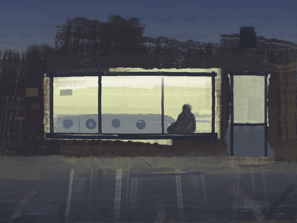 A laundromat at night seen from the sidewalk opposite: a wide lit shopfront window set
in a dark building, a row of washing machines with round doors inside it, one person
sitting alone at the right-hand end, and the window's light broken into streaks down a
wet road in the foreground