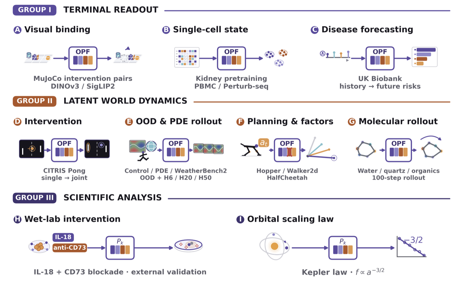JEPA-Anything scenario atlas spanning terminal readout, latent world dynamics, and scientific analysis