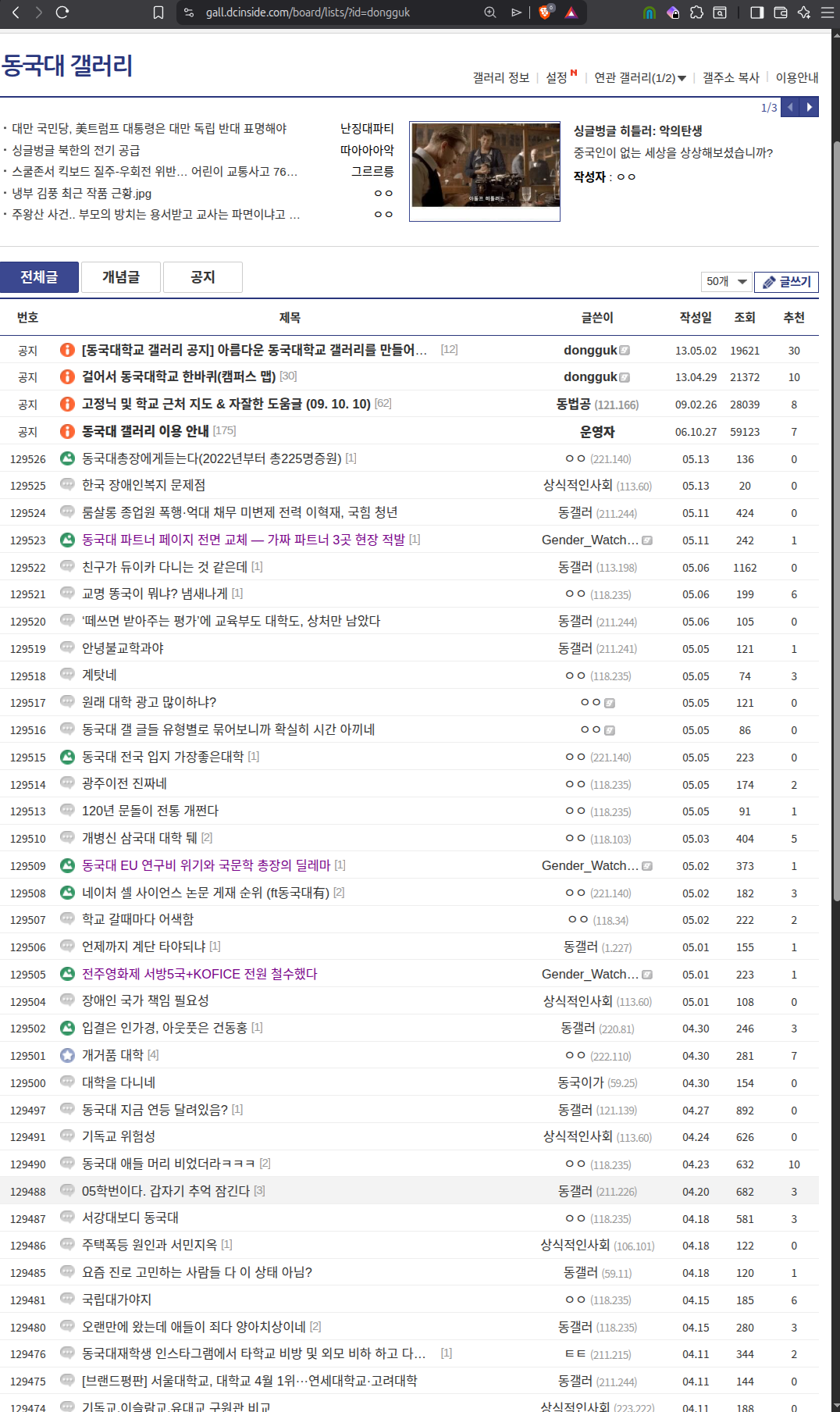 Dongguk University DC Inside gallery board page 1, May 14 2026. GW posts visible in green alongside institutional mockery posts.