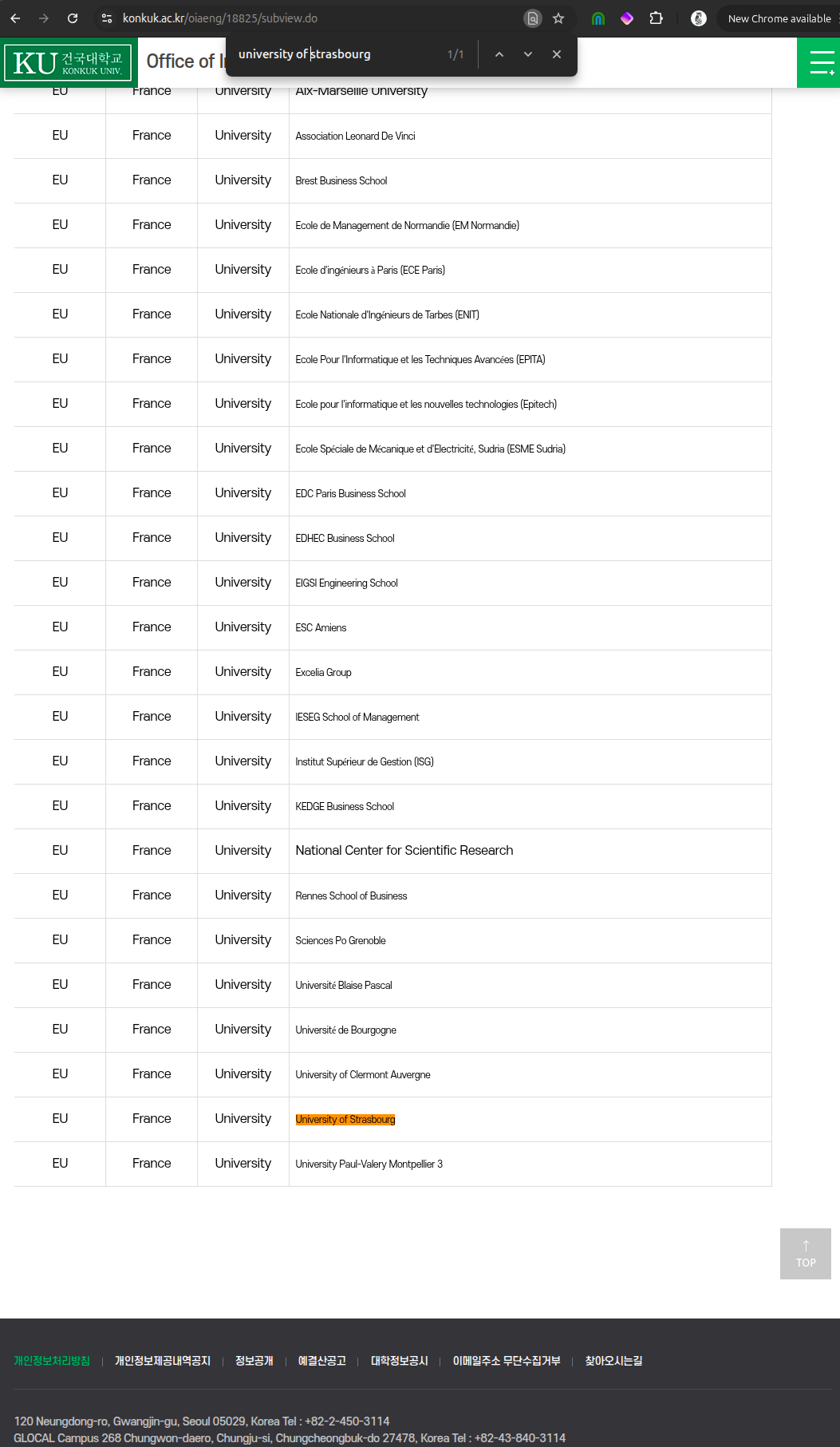 建国大学がスコープ開示なしにストラスブール大学を記載している様子――実際の合意はEMストラスブールビジネススクールのみに限定されている