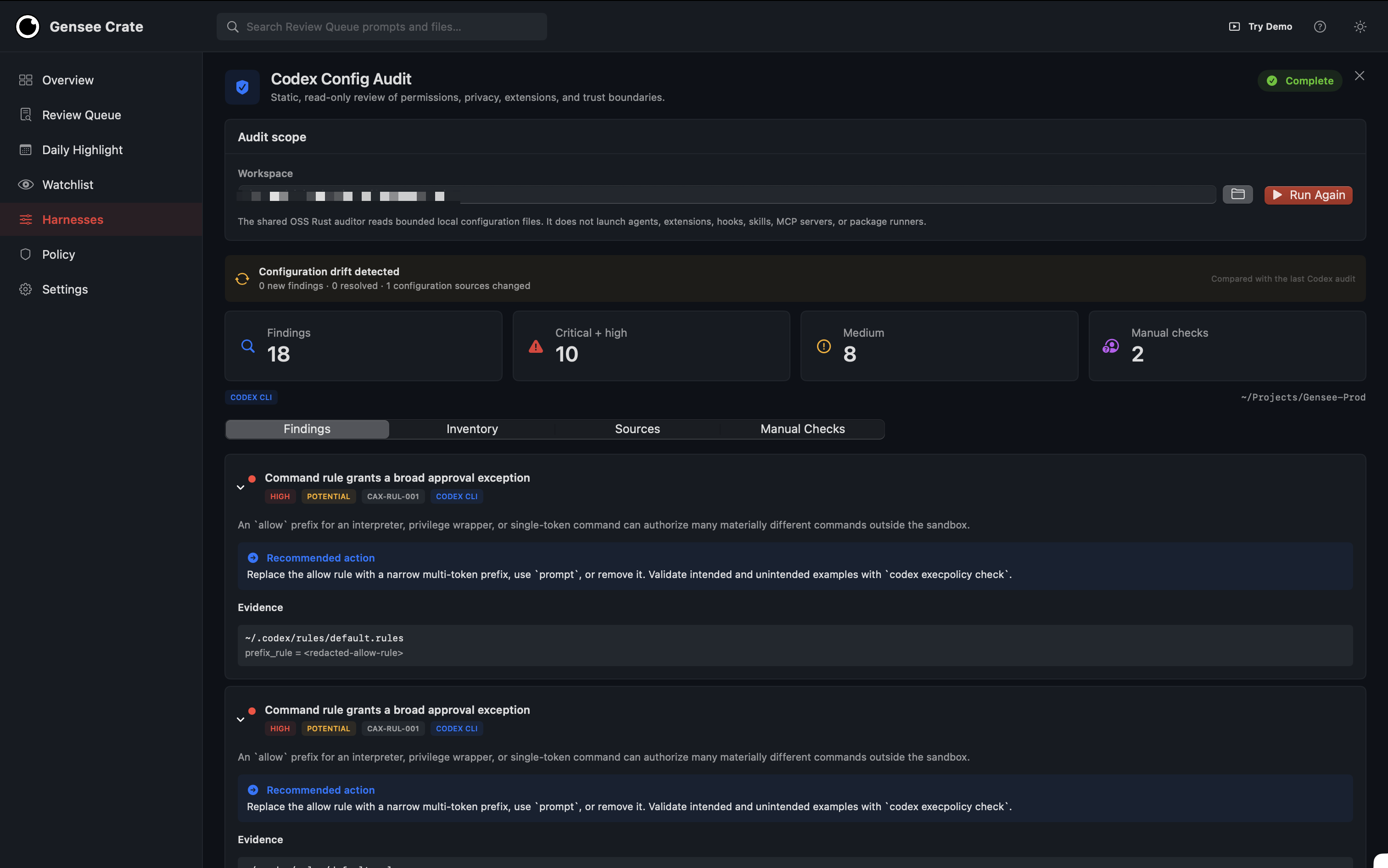 Gensee Crate Personal configuration audit with prioritized Codex findings