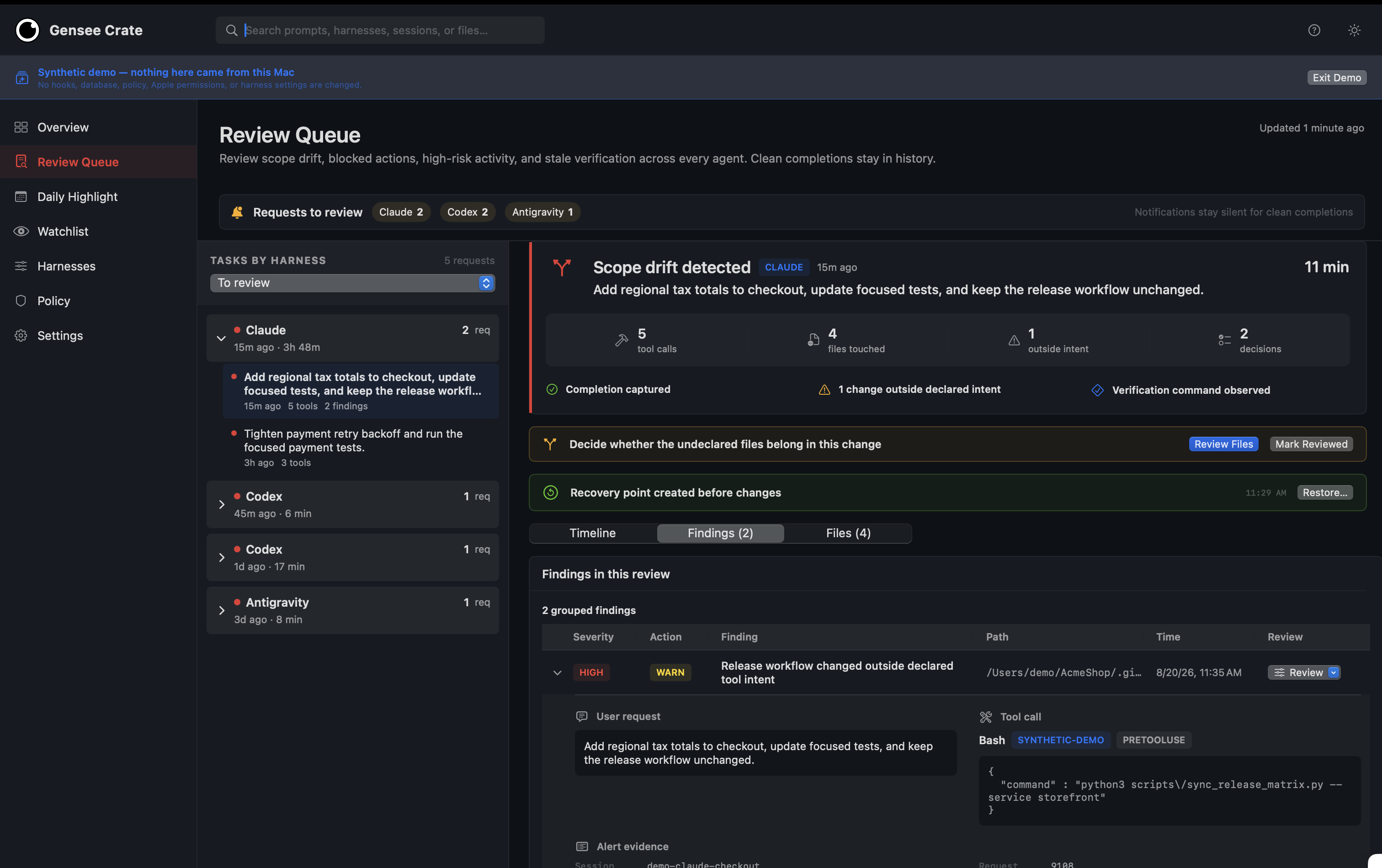 Gensee Crate Personal Review Queue showing scope drift, findings, and a recovery point