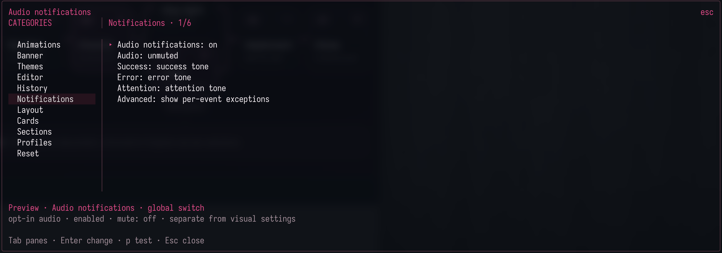 Customize panel with the Notifications category selected: audio notifications on and unmuted, success, error, and attention tones, an Advanced row for per-event exceptions, and a preview line for the global switch