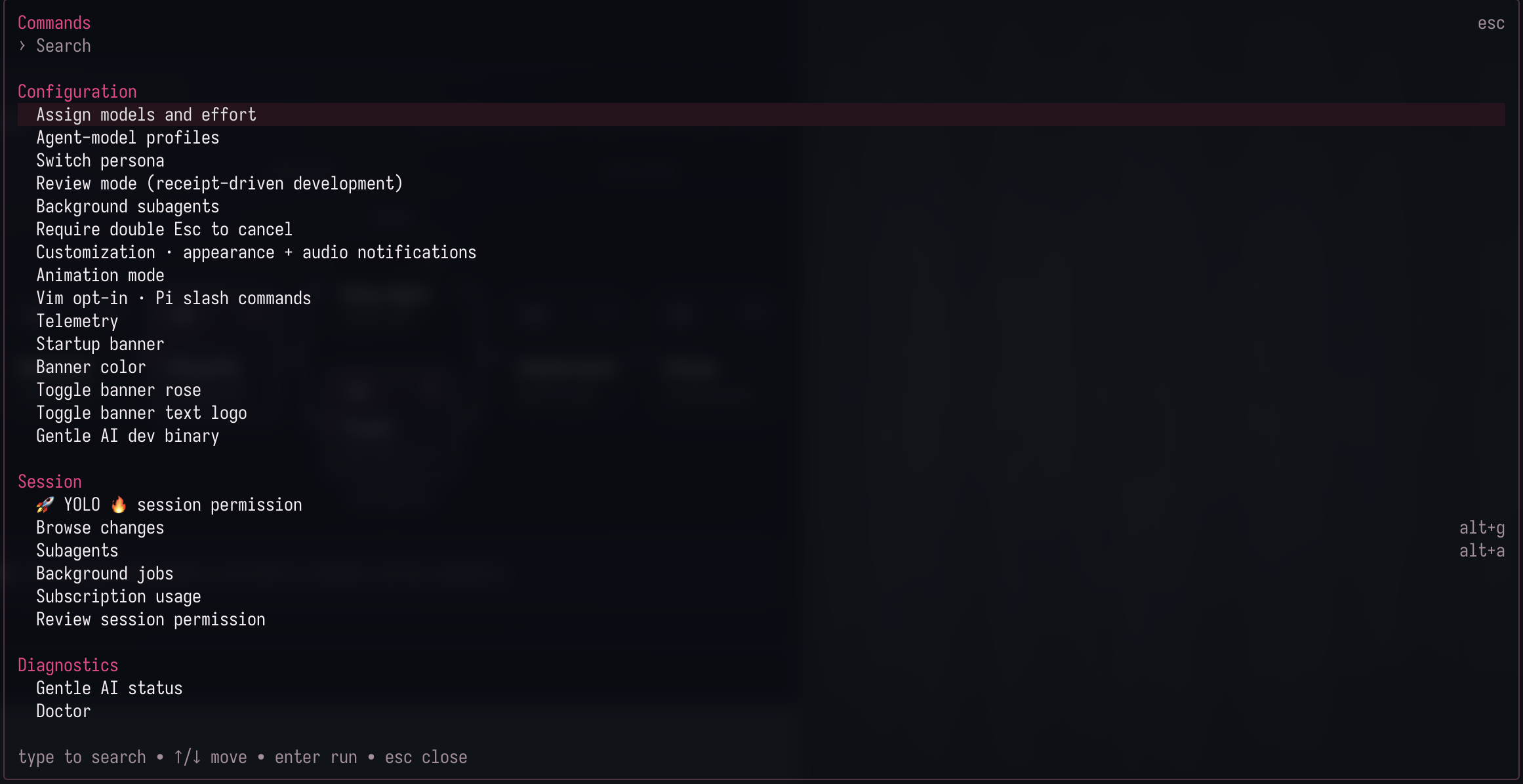 Command palette open over the session: a search prompt above grouped entries for Configuration, Session, and Diagnostics, with alt+g and alt+a shortcuts on the right and a key hint row below