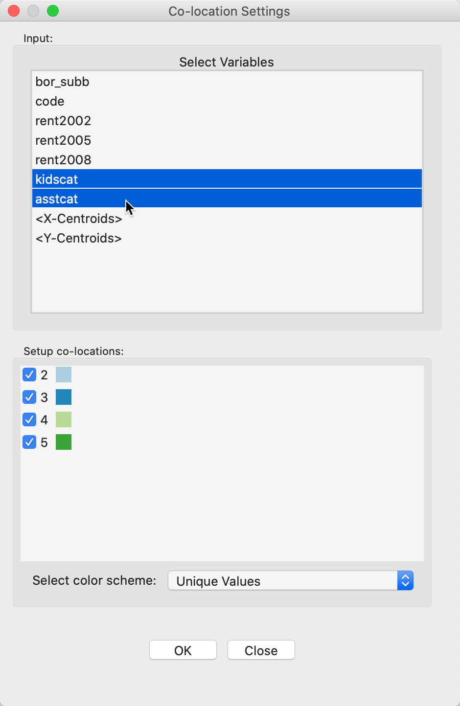 Co-location map variable selection