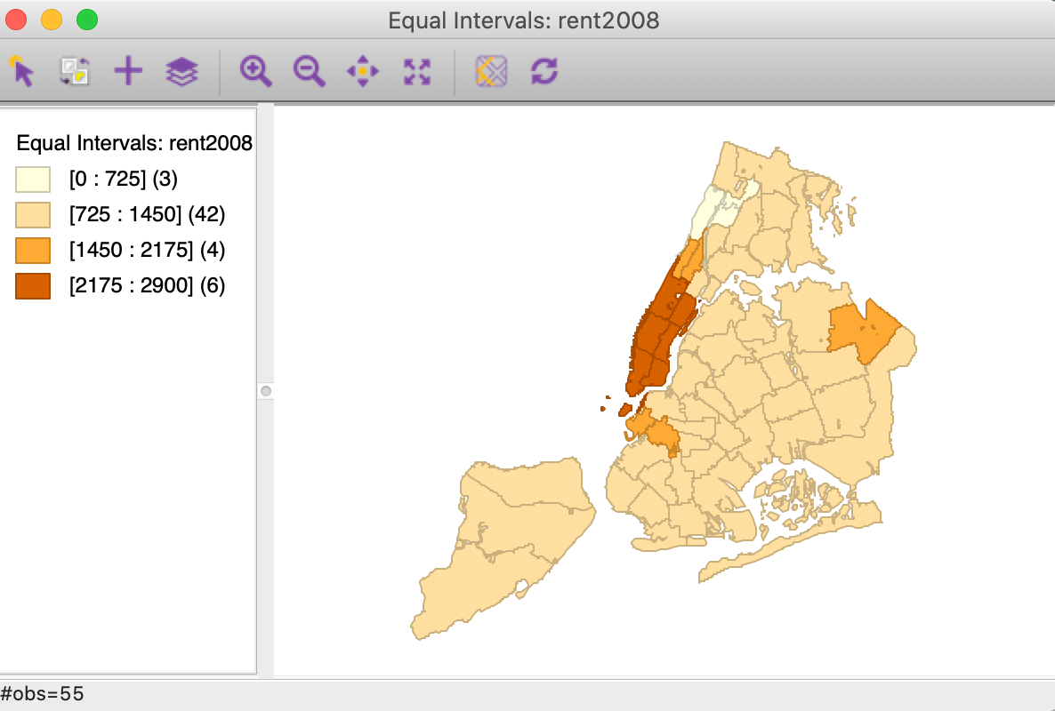 Equal intervals map for median rent in 2008